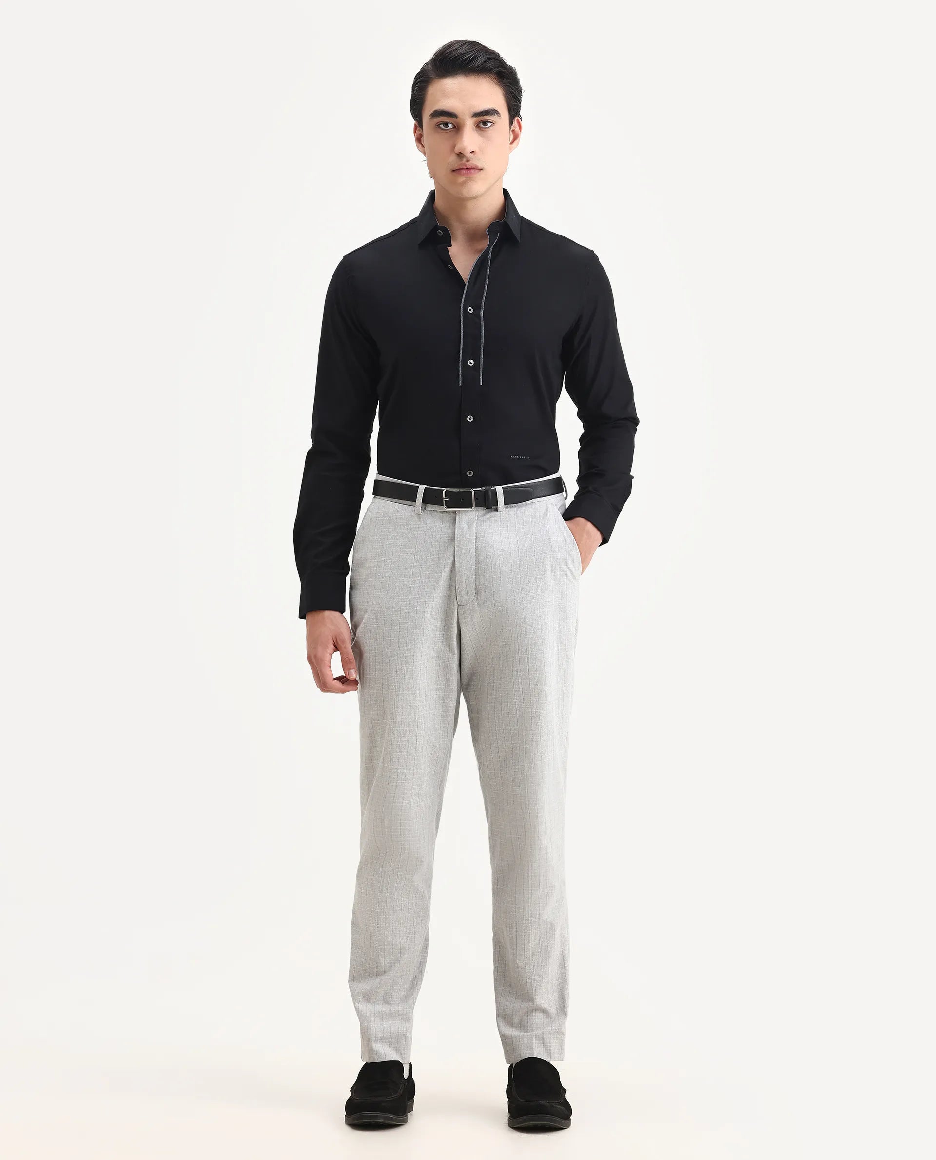 Rare Rabbit Men's Cavell Black Cotton Plain Regular Fit Full Sleeve Collared Shirt