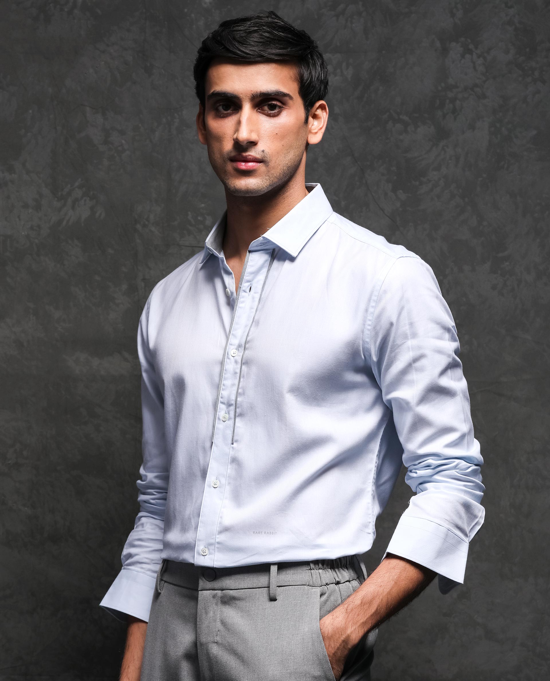 Rare Rabbit Men'S Cavell Pastel Blue Shirt Cotton Fabric Collared Neck Full Sleeves Button Closure Slim Fit
