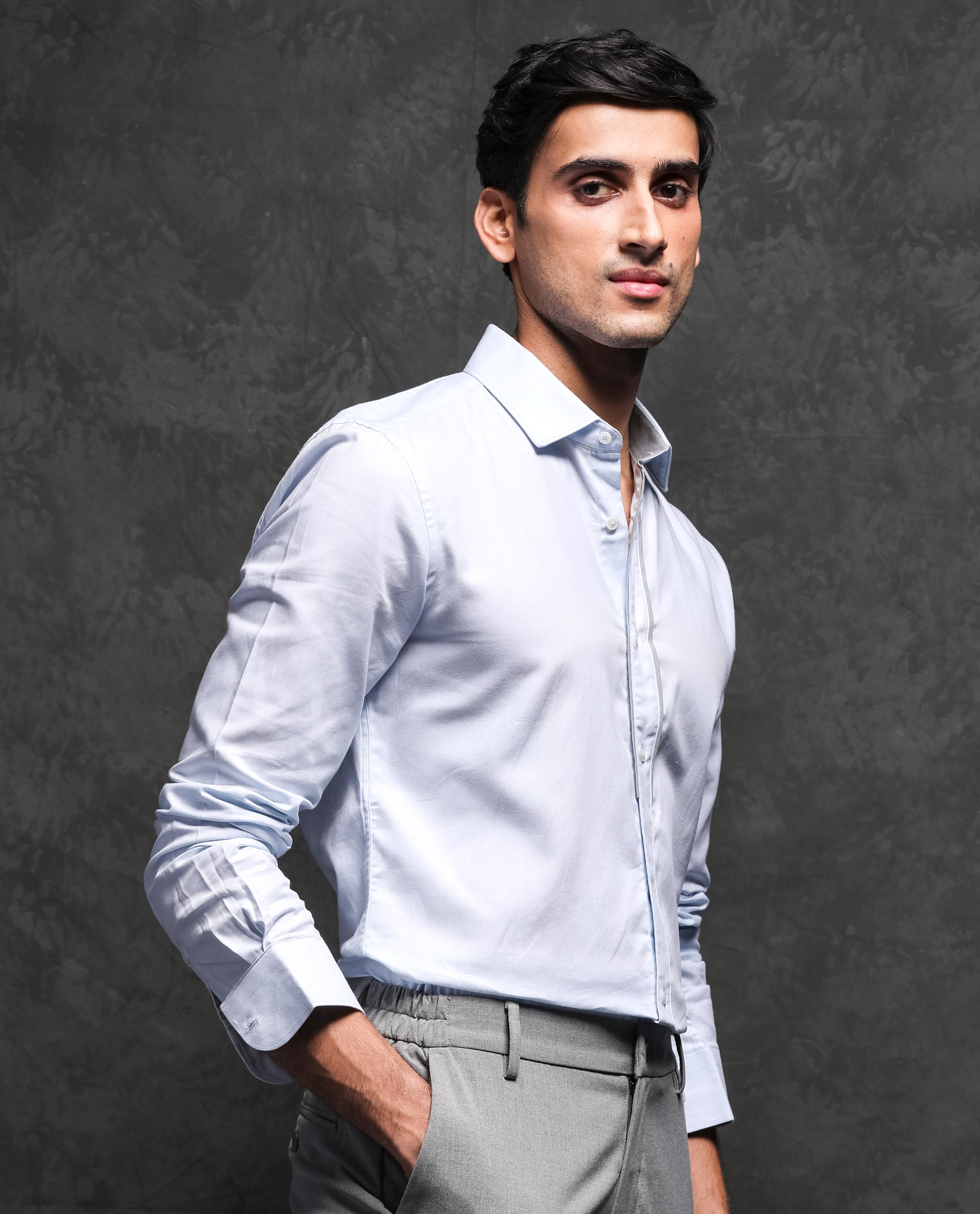 Rare Rabbit Men'S Cavell Pastel Blue Shirt Cotton Fabric Collared Neck Full Sleeves Button Closure Slim Fit
