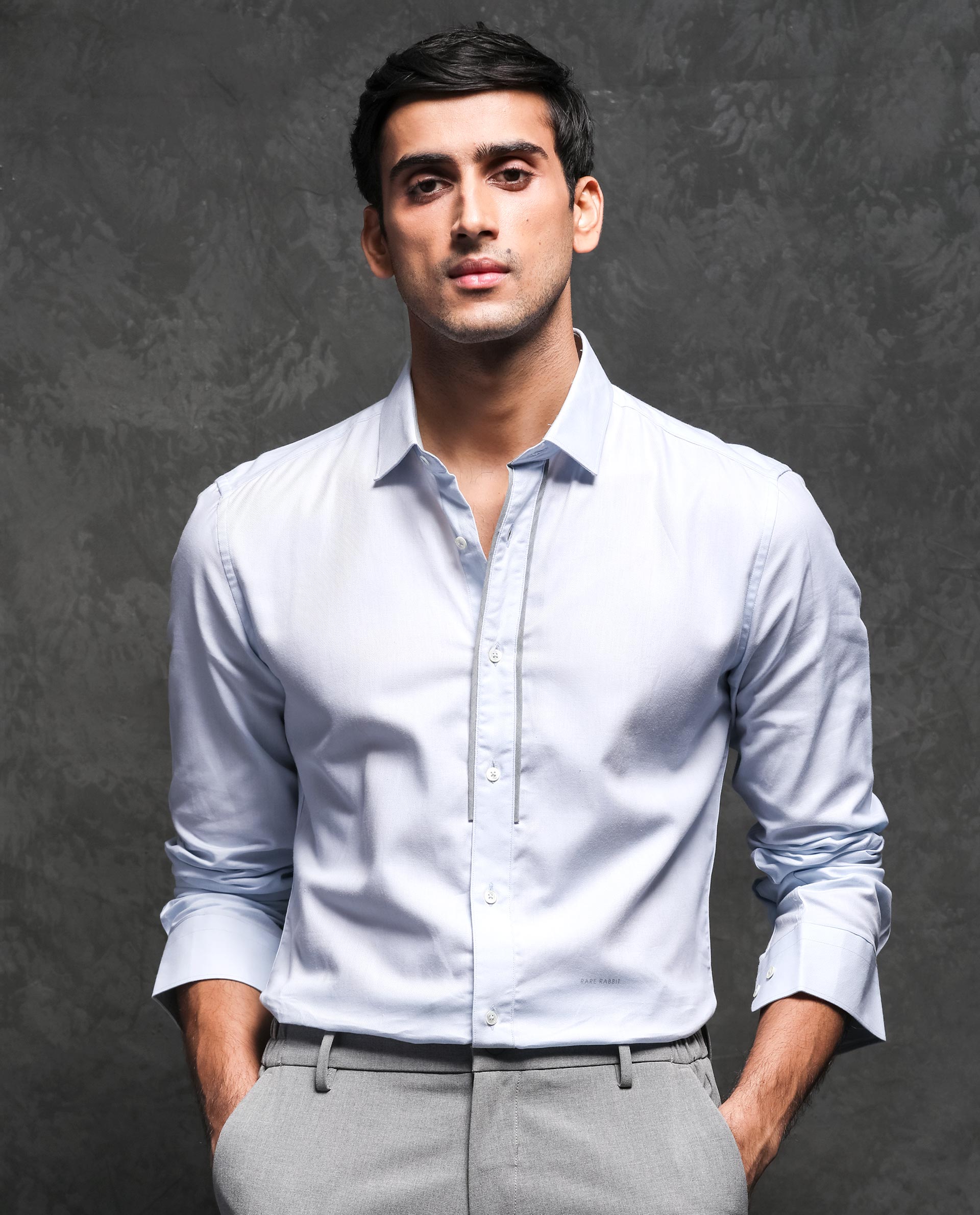 Rare Rabbit Men'S Cavell Pastel Blue Shirt Cotton Fabric Collared Neck Full Sleeves Button Closure Slim Fit