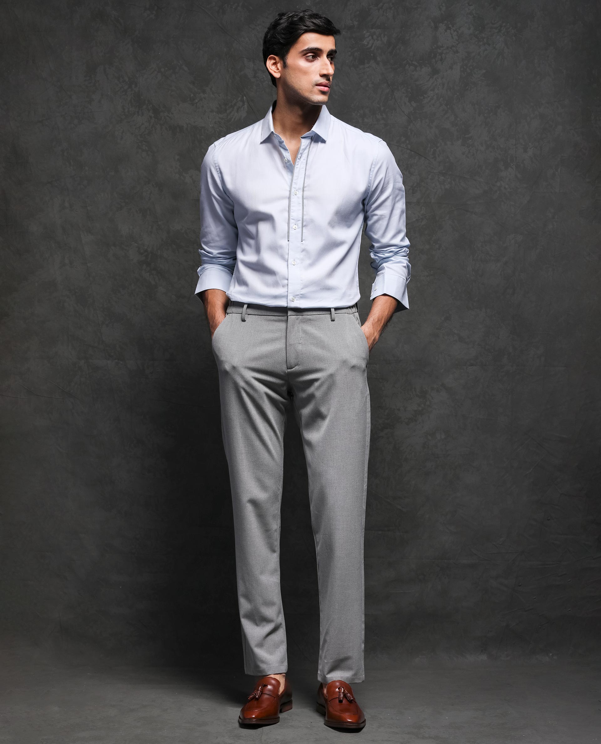 Rare Rabbit Men'S Cavell Pastel Blue Shirt Cotton Fabric Collared Neck Full Sleeves Button Closure Slim Fit