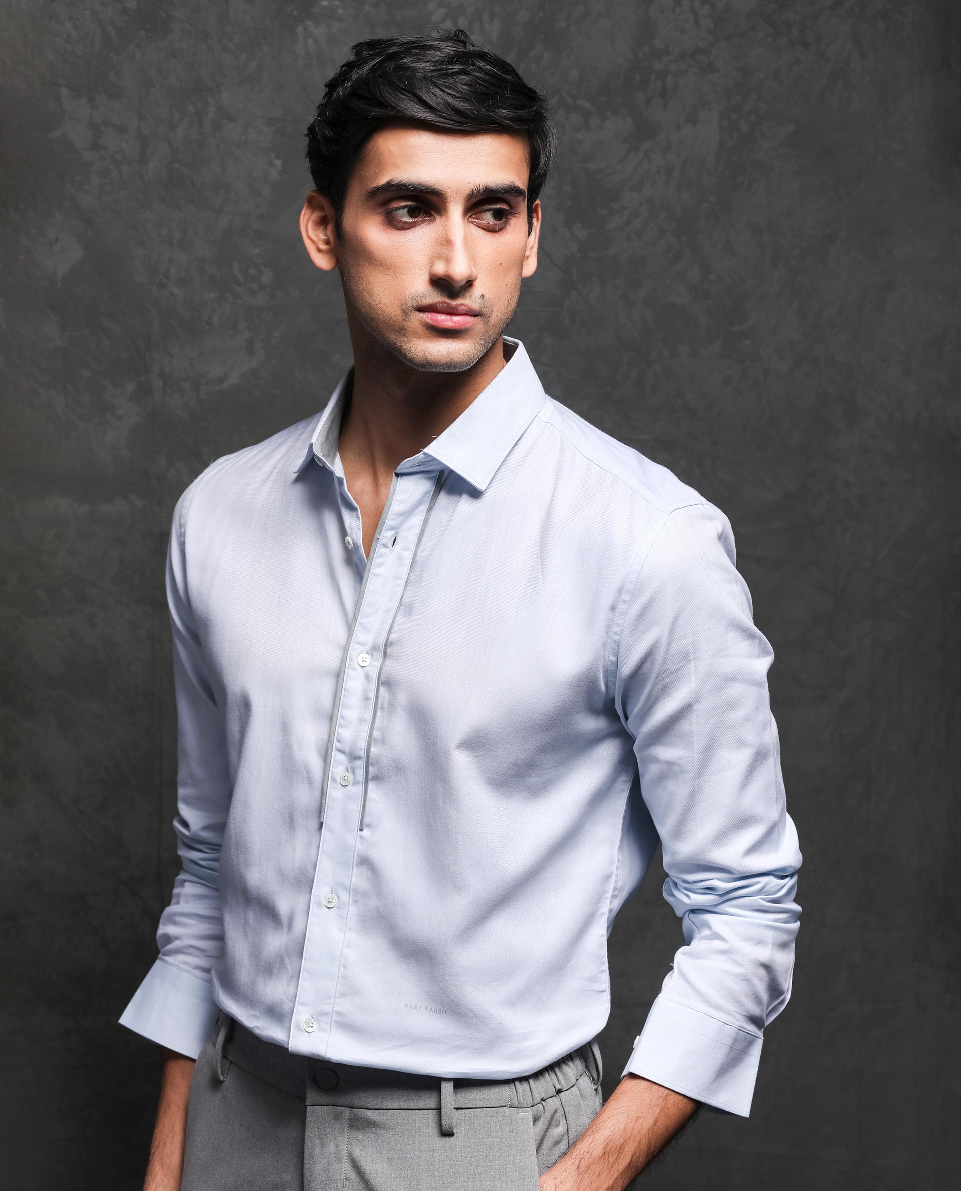 Rare Rabbit Men'S Cavell Pastel Blue Shirt Cotton Fabric Collared Neck Full Sleeves Button Closure Slim Fit
