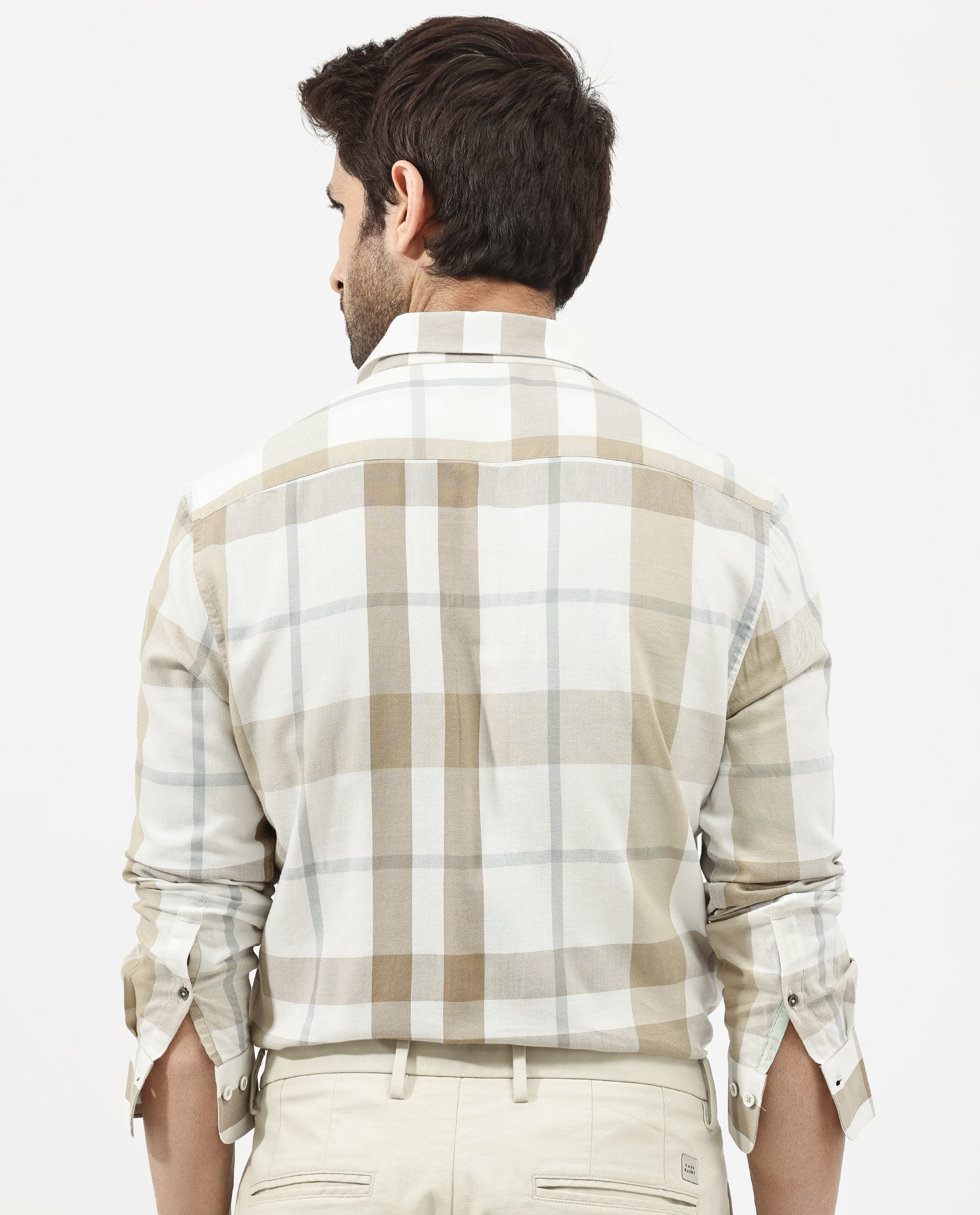 Rare Rabbit Mens Cavours Beige Cotton Fabric Collared Neck Full Sleeves Check Shirt