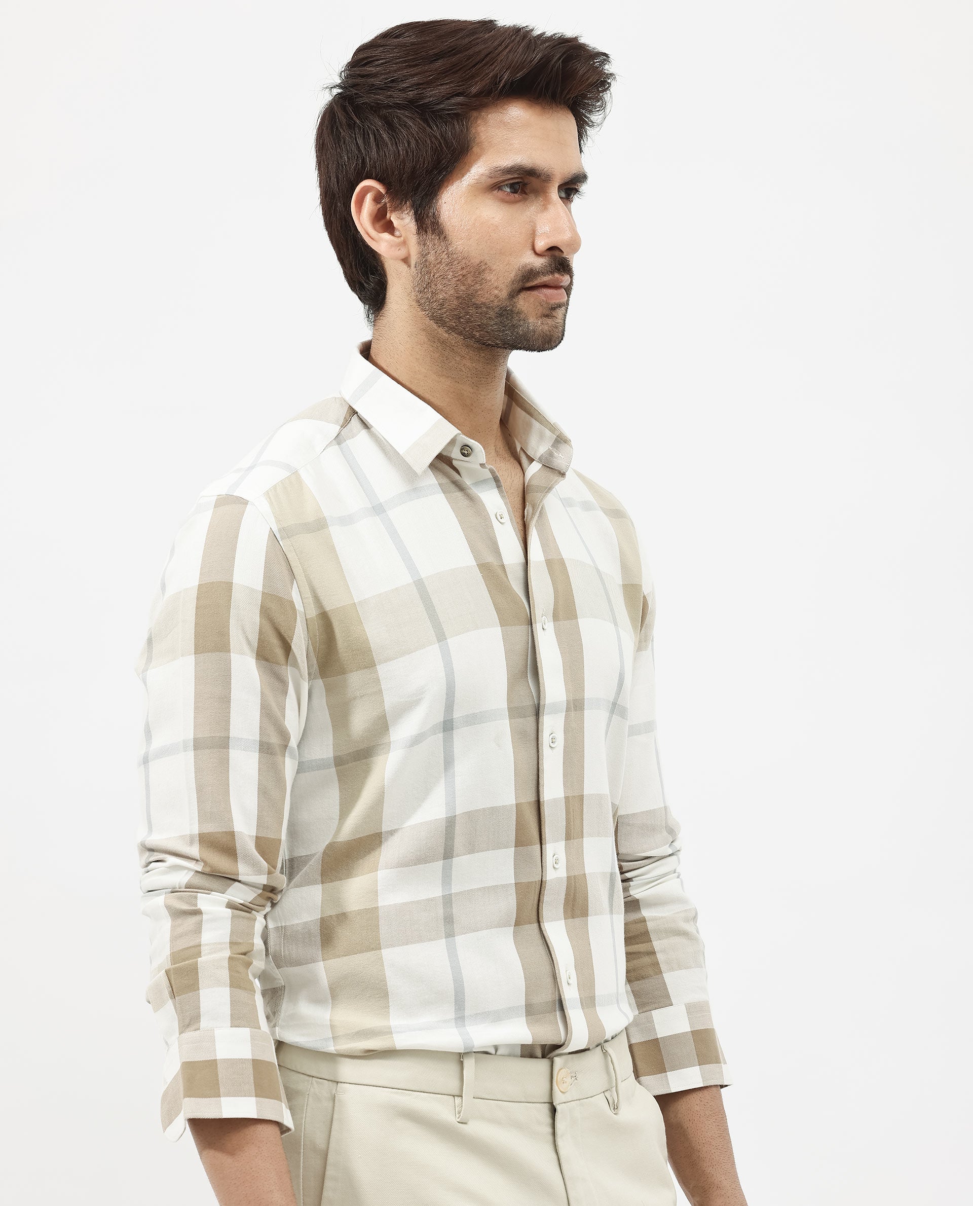 Rare Rabbit Mens Cavours Beige Cotton Fabric Collared Neck Full Sleeves Check Shirt