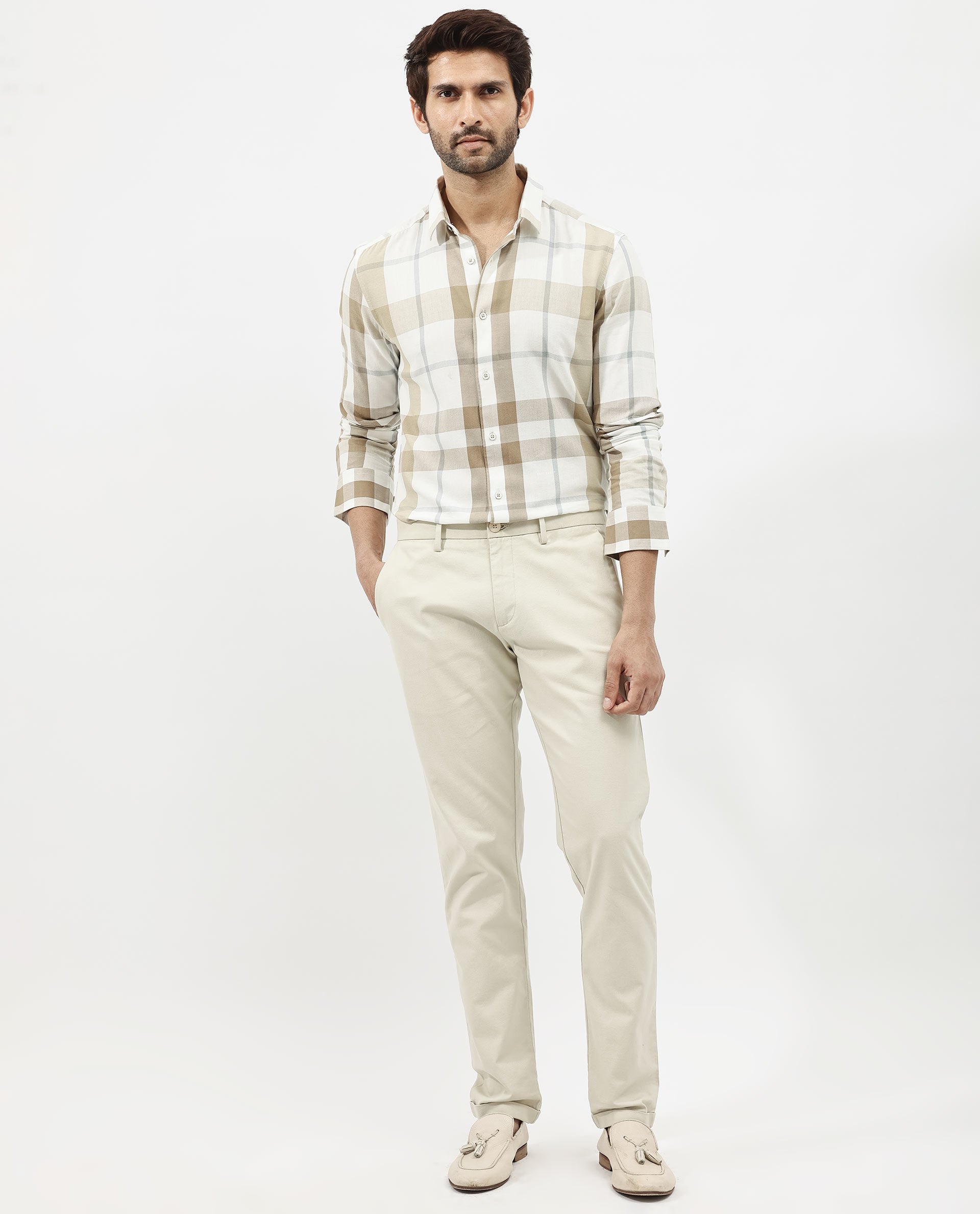 Rare Rabbit Mens Cavours Beige Cotton Fabric Collared Neck Full Sleeves Check Shirt