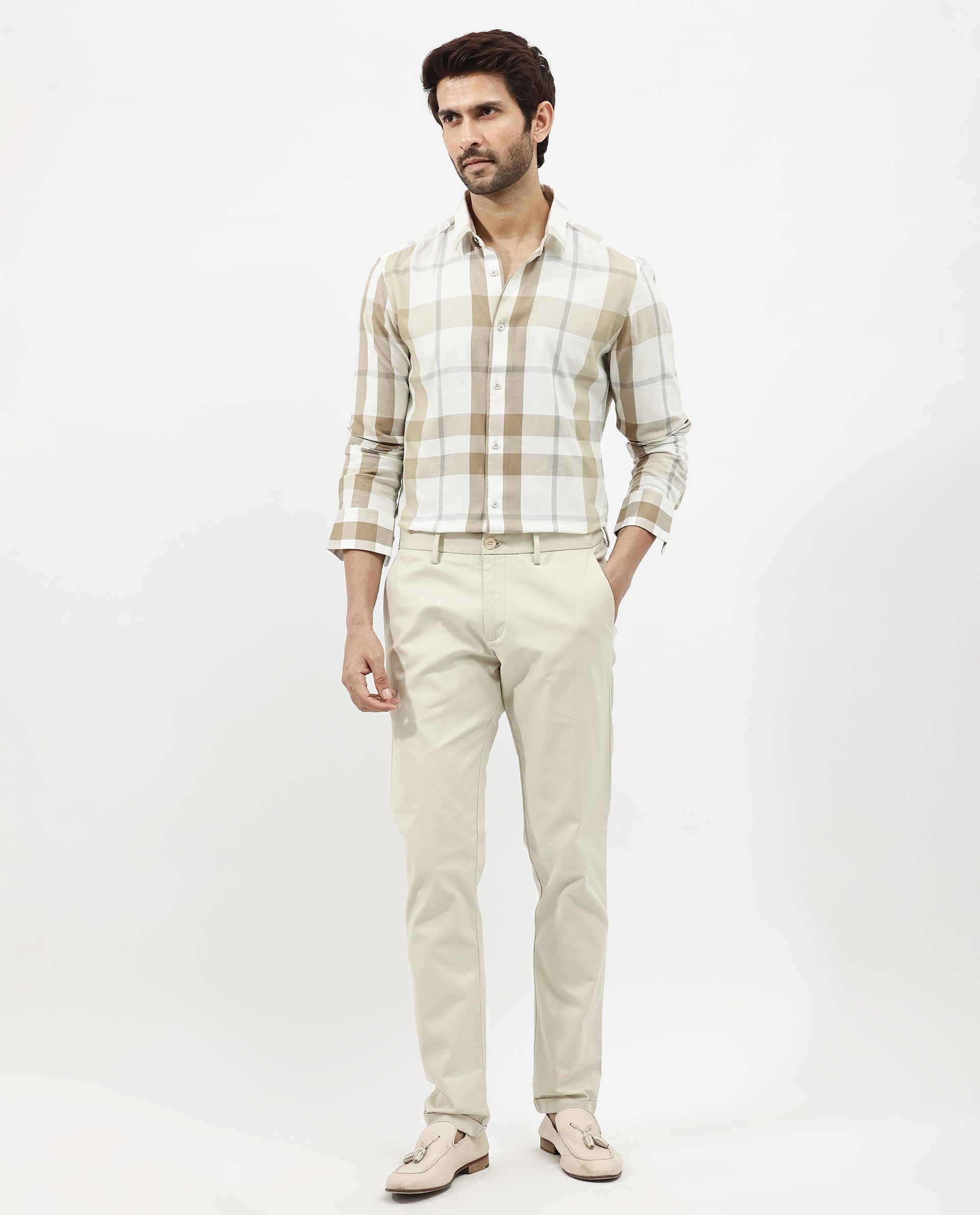 Rare Rabbit Mens Cavours Beige Cotton Fabric Collared Neck Full Sleeves Check Shirt