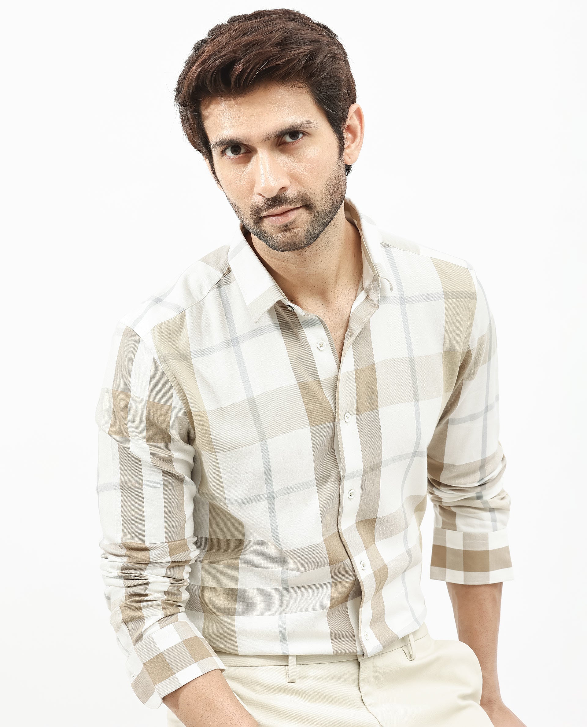 Rare Rabbit Mens Cavours Beige Cotton Fabric Collared Neck Full Sleeves Check Shirt