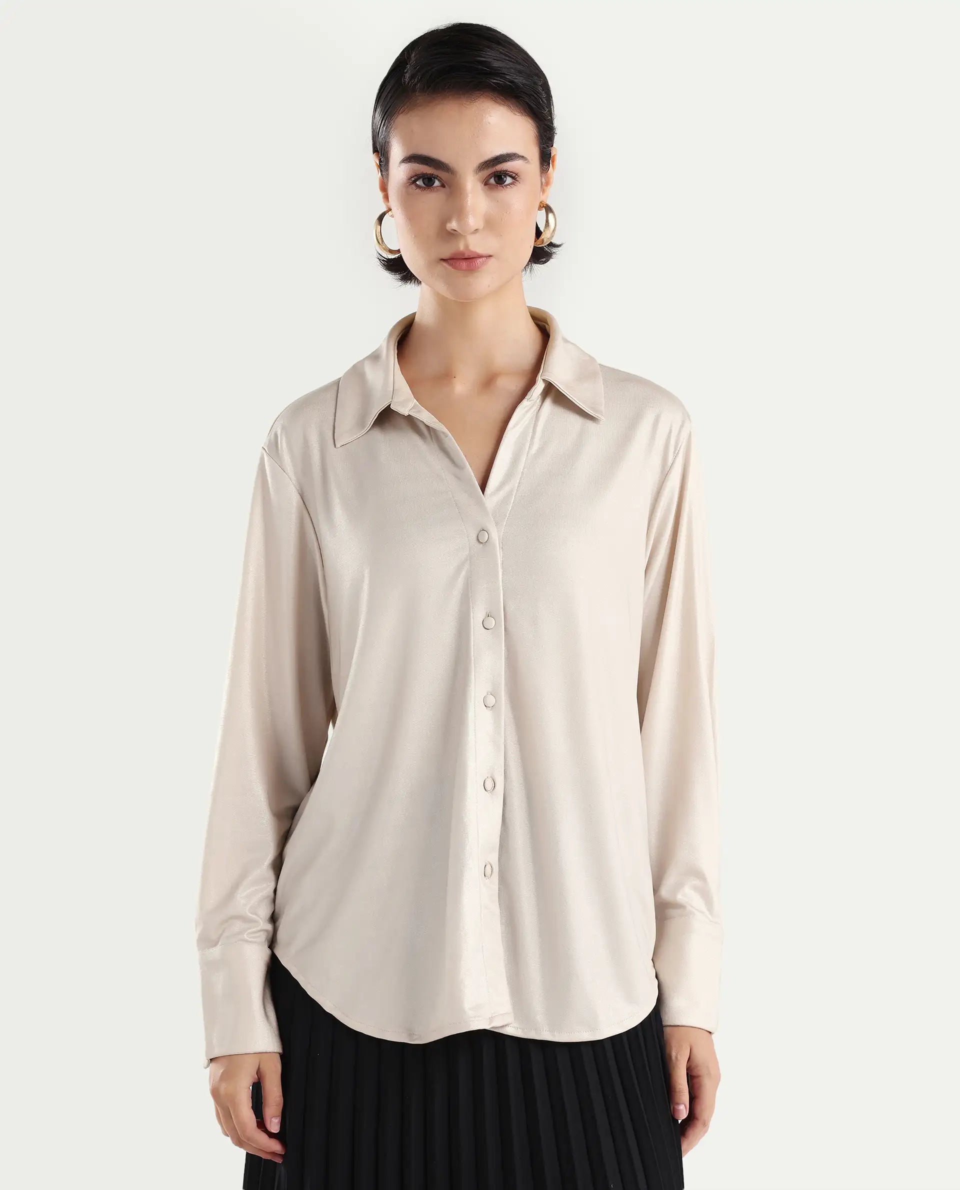 Rareism Women's Cawer Metalic Gold Polyester Drop Collar Plain Cuffed Sleeve Regular Fit Shirt