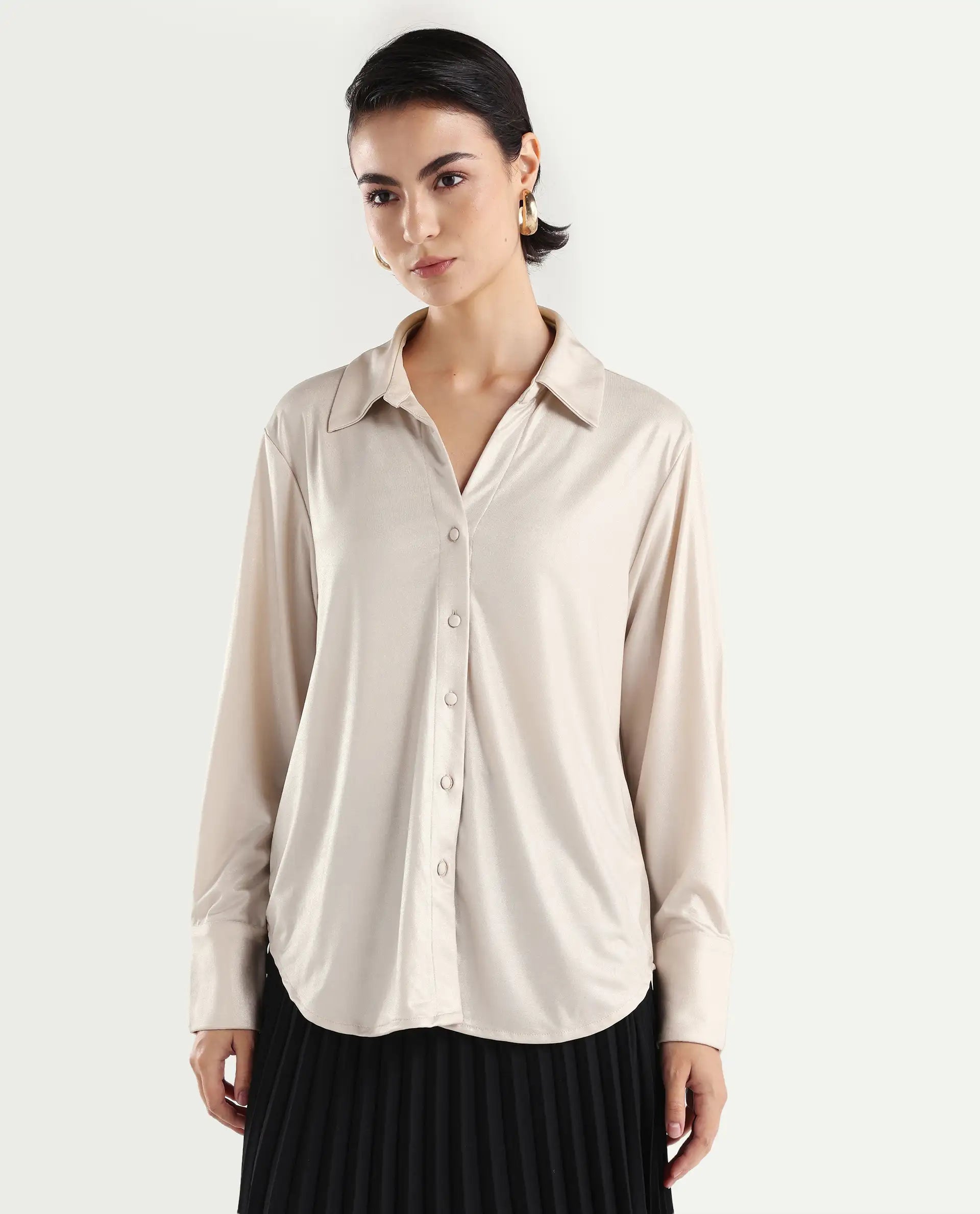Rareism Women's Cawer Metalic Gold Polyester Drop Collar Plain Cuffed Sleeve Regular Fit Shirt