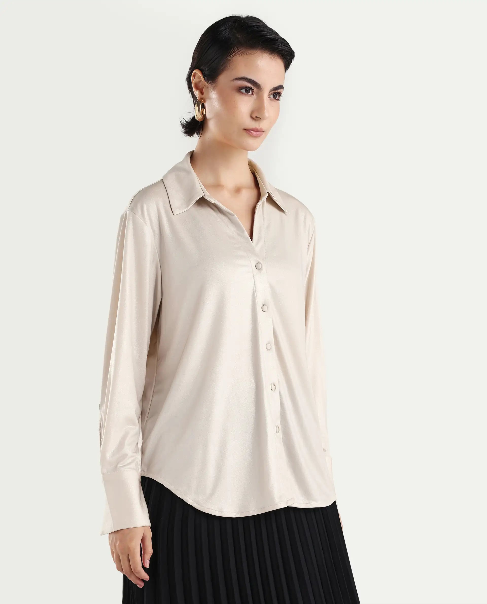 Rareism Women's Cawer Metalic Gold Polyester Drop Collar Plain Cuffed Sleeve Regular Fit Shirt
