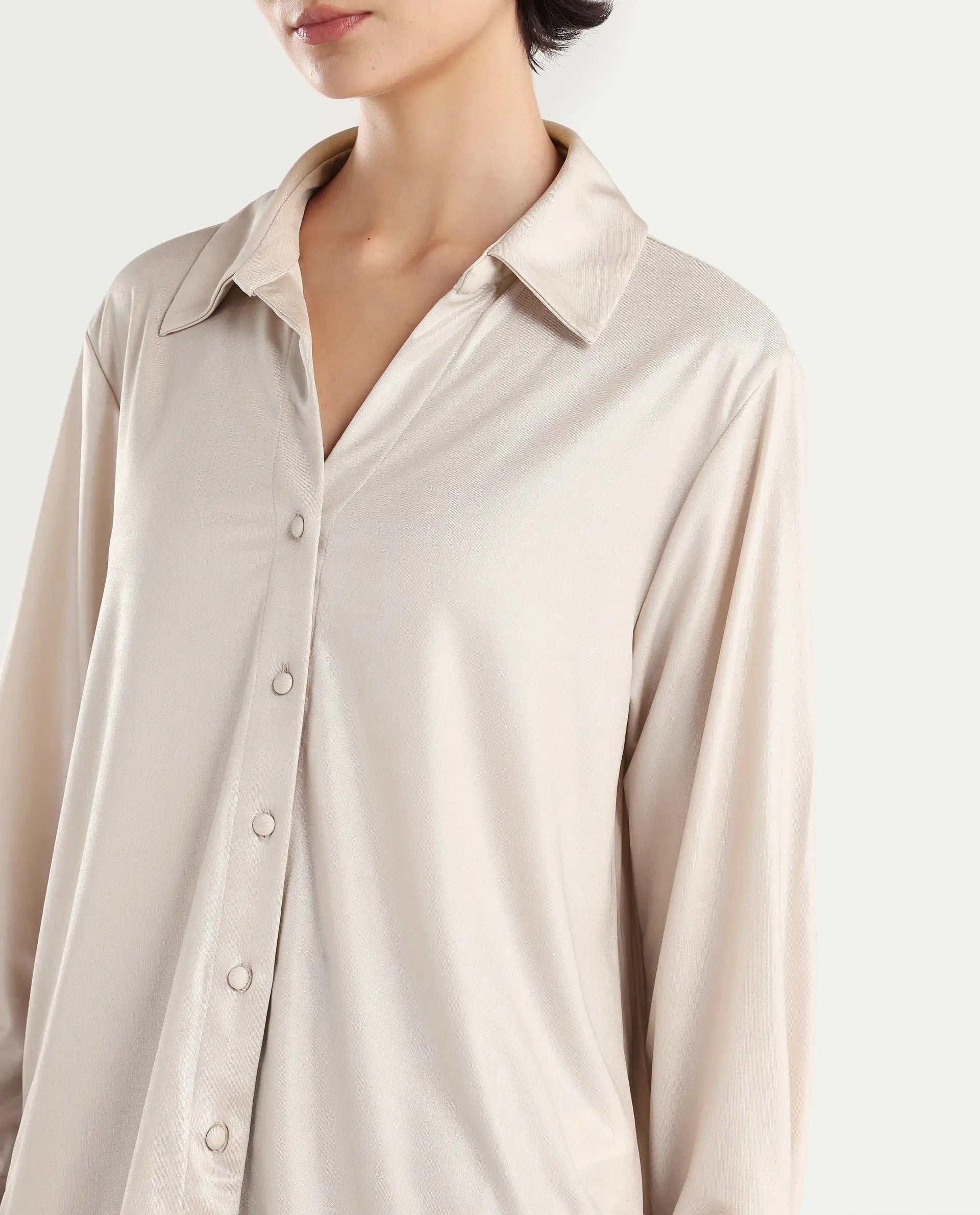 Rareism Women's Cawer Metalic Gold Polyester Drop Collar Plain Cuffed Sleeve Regular Fit Shirt