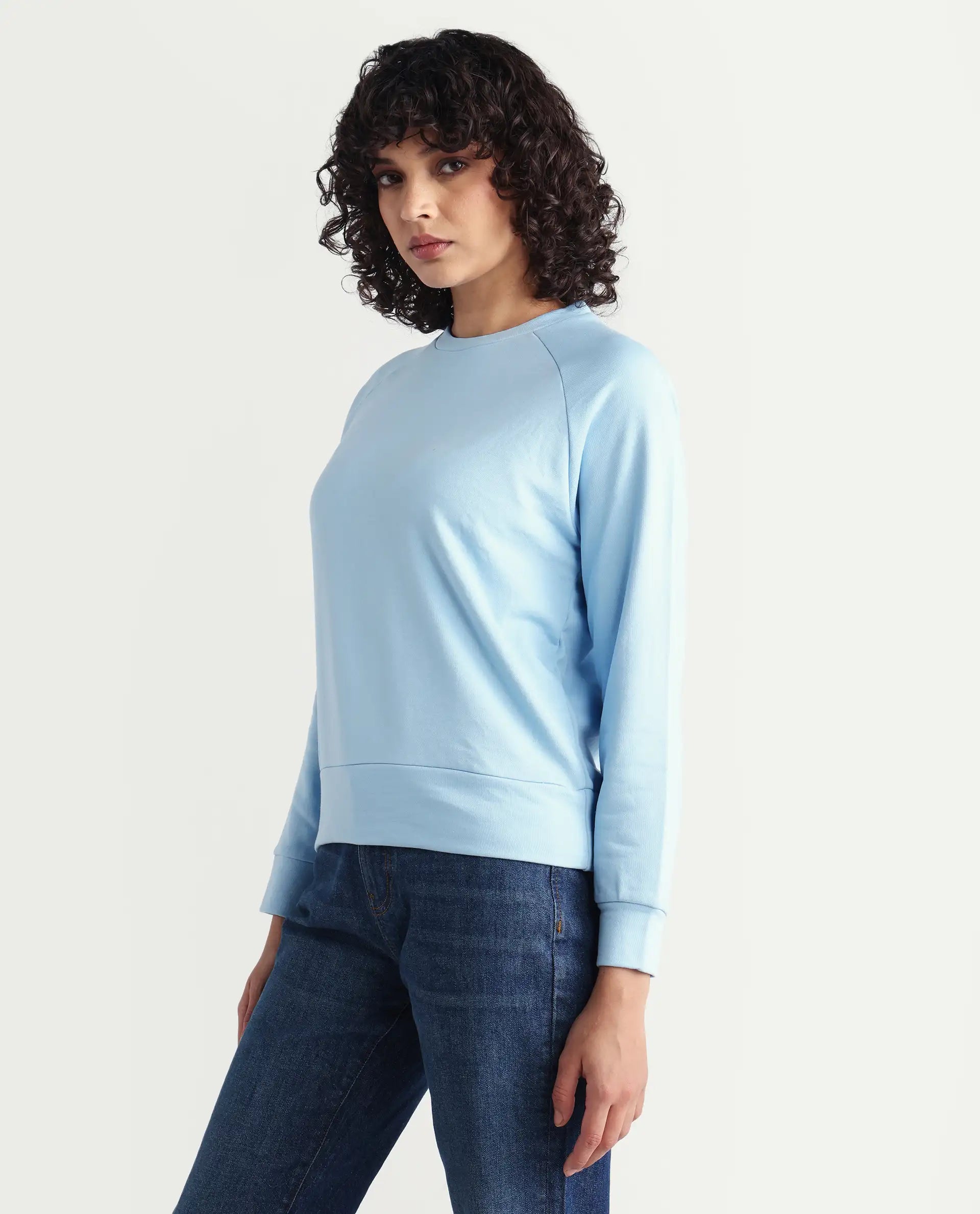 Rareism Women's Medium Weight Terry 290 Gsm Cotton Blend Crew Neck Plain Cuffed Sleeve Relaxed Fit Sweatshirt