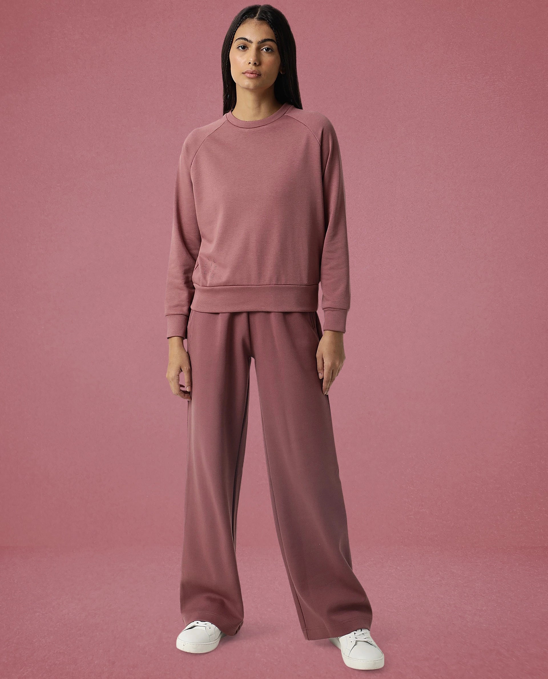 Rareism Women Cax Dark Pink Cotton Blend Fabric Relaxed Fit Full Sleeves Solid Round Neck Sweatshirt