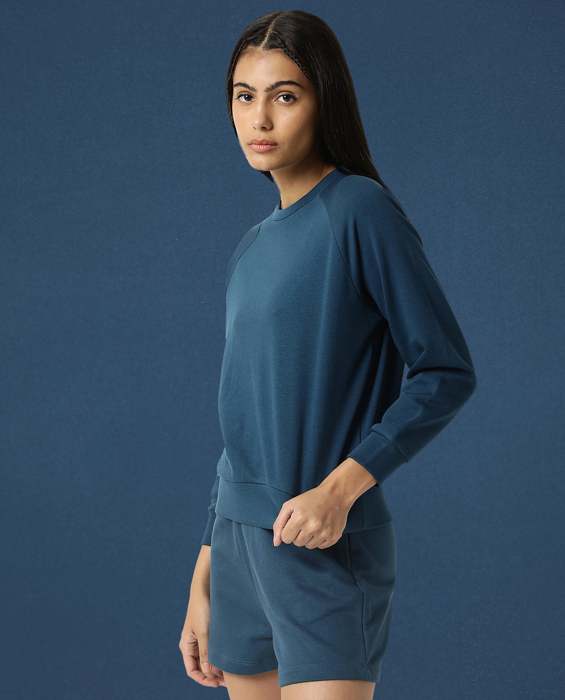 Rareism Women Cax Dusky Green Cotton Blend Fabric Relaxed Fit Full Sleeves Solid Round Neck Sweatshirt