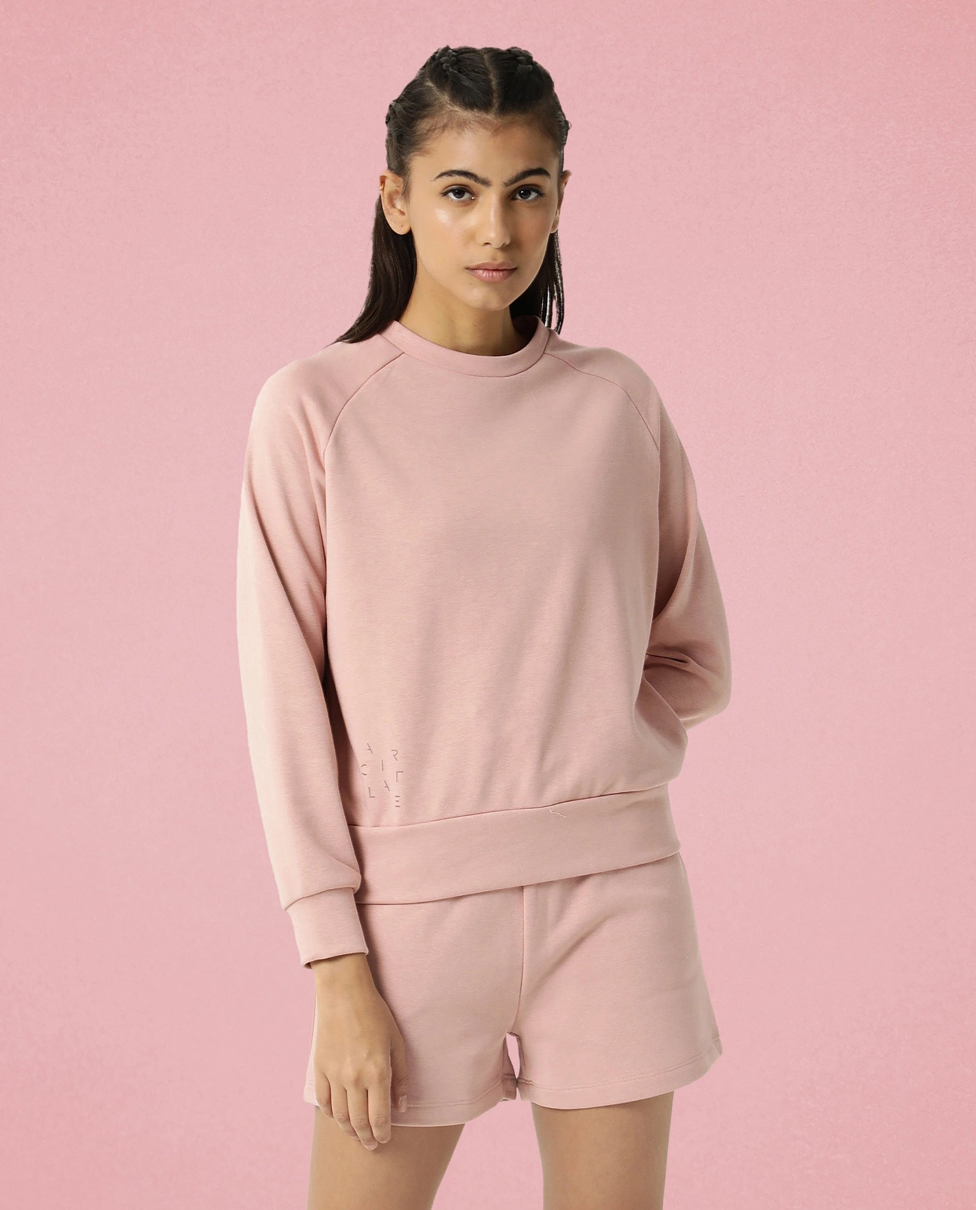 Rareism Women Cax Dusky Pink Cotton Blend Fabric Relaxed Fit Full Sleeves Solid Round Neck Sweatshirt