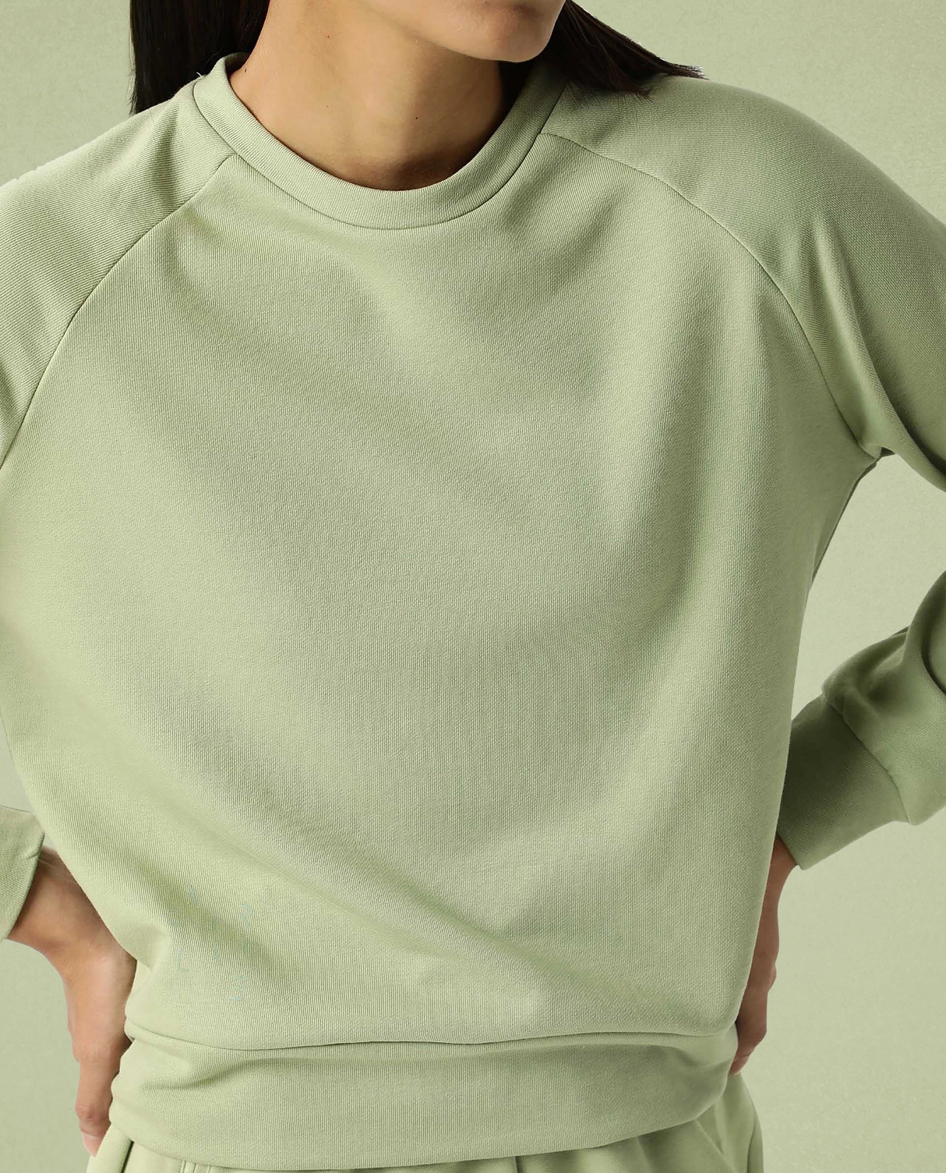 Rareism Women Cax Light Green Cotton Blend Fabric Relaxed Fit Full Sleeves Solid Round Neck Sweatshirt