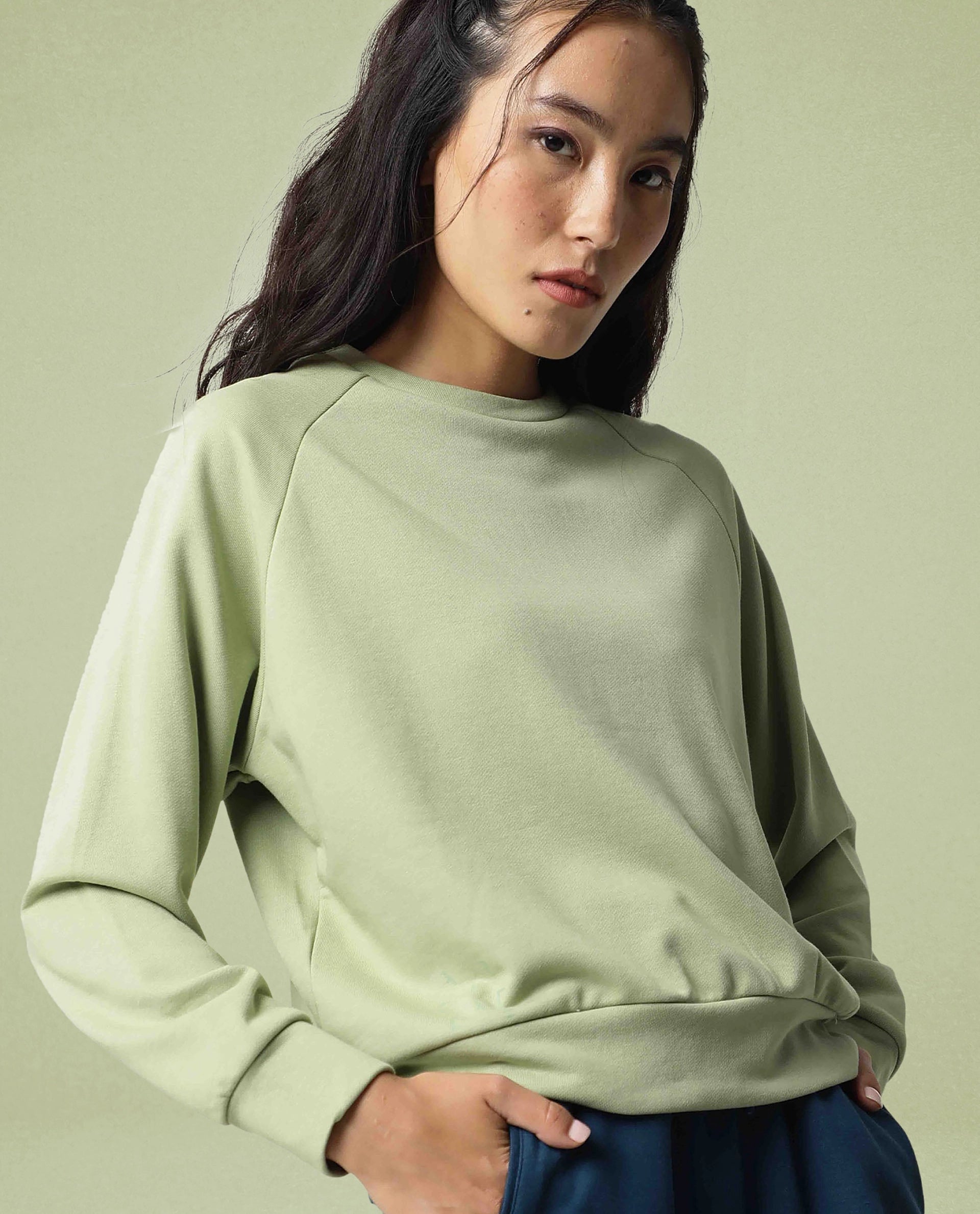 Rareism Women Cax Light Green Cotton Blend Fabric Relaxed Fit Full Sleeves Solid Round Neck Sweatshirt