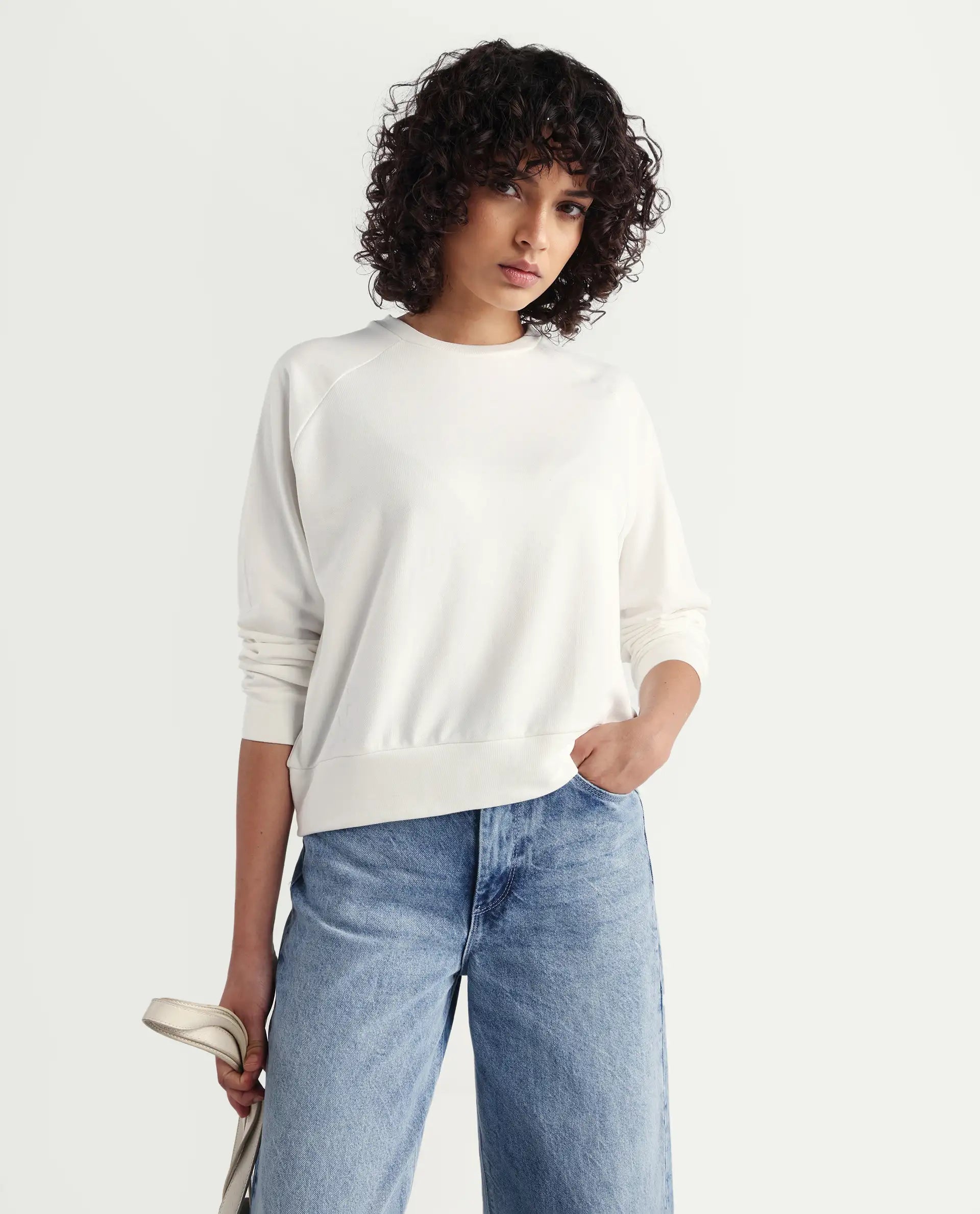 Rareism Women's Medium Weight Terry 290 Gsm Cotton Blend Crew Neck Plain Cuffed Sleeve Relaxed Fit Sweatshirt