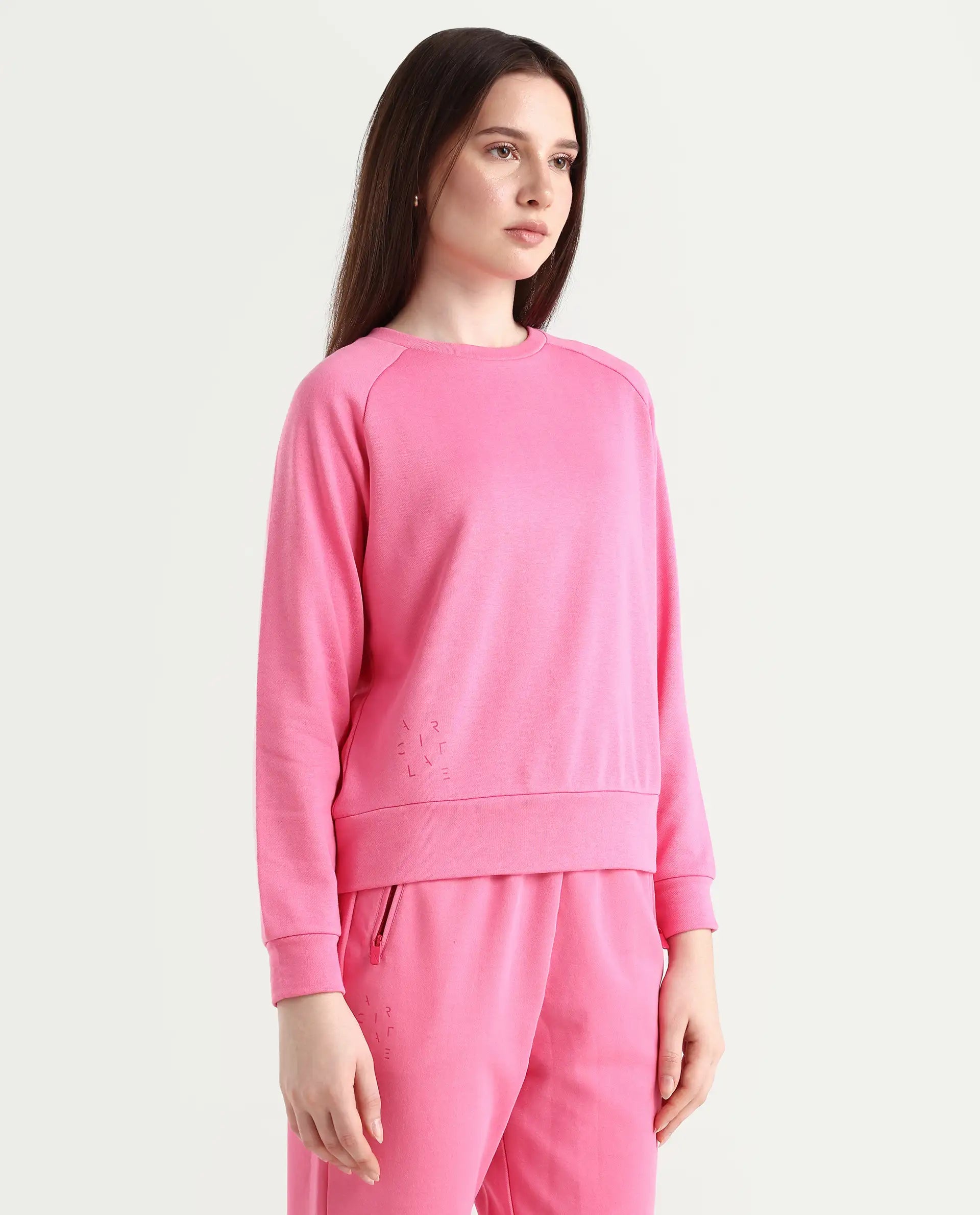 Rareism Women's Medium Weight Terry 290 Gsm Cotton Blend Crew Neck Plain Cuffed Sleeve Relaxed Fit Sweatshirt