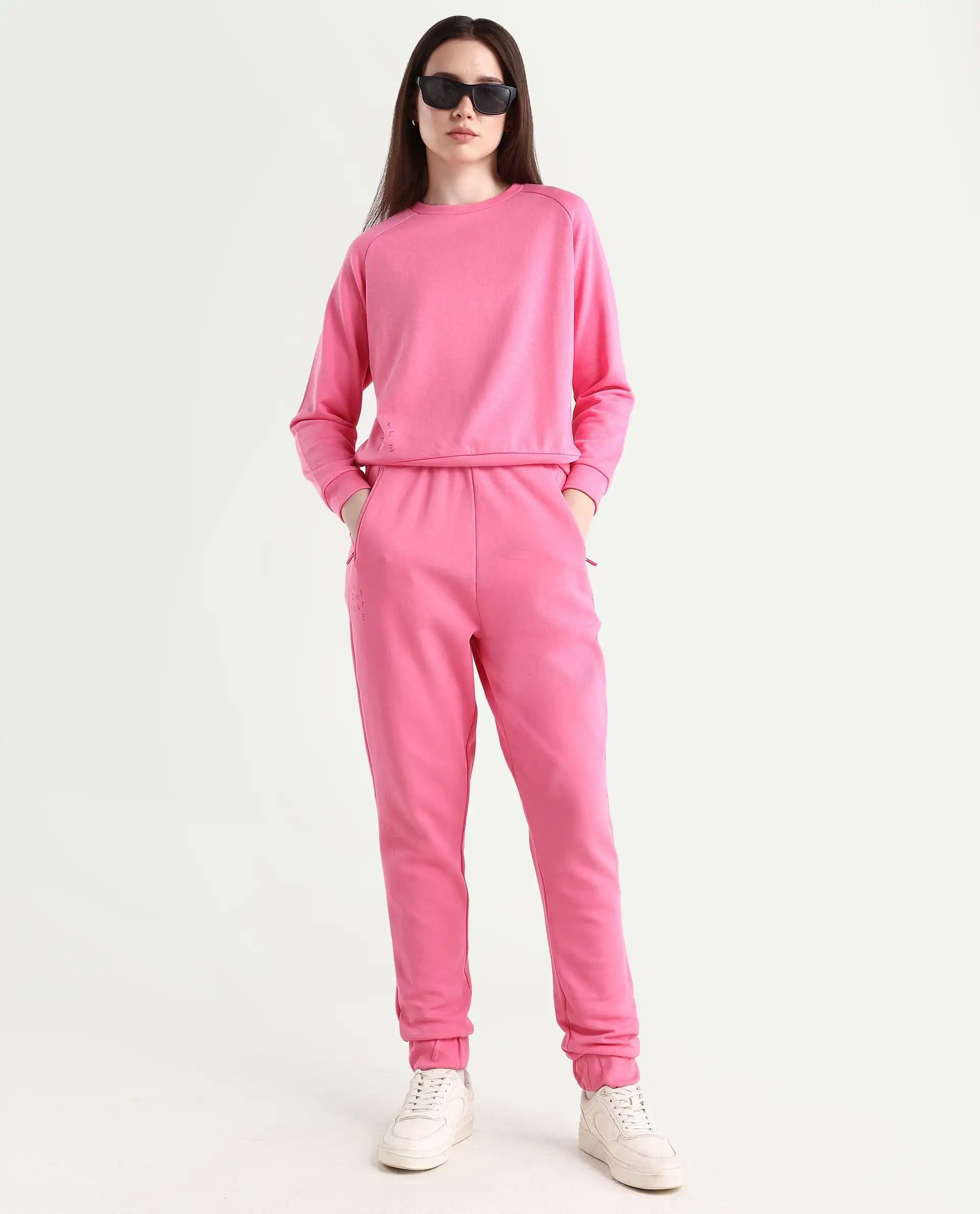 Rareism Women's Medium Weight Terry 290 Gsm Cotton Blend Crew Neck Plain Cuffed Sleeve Relaxed Fit Sweatshirt