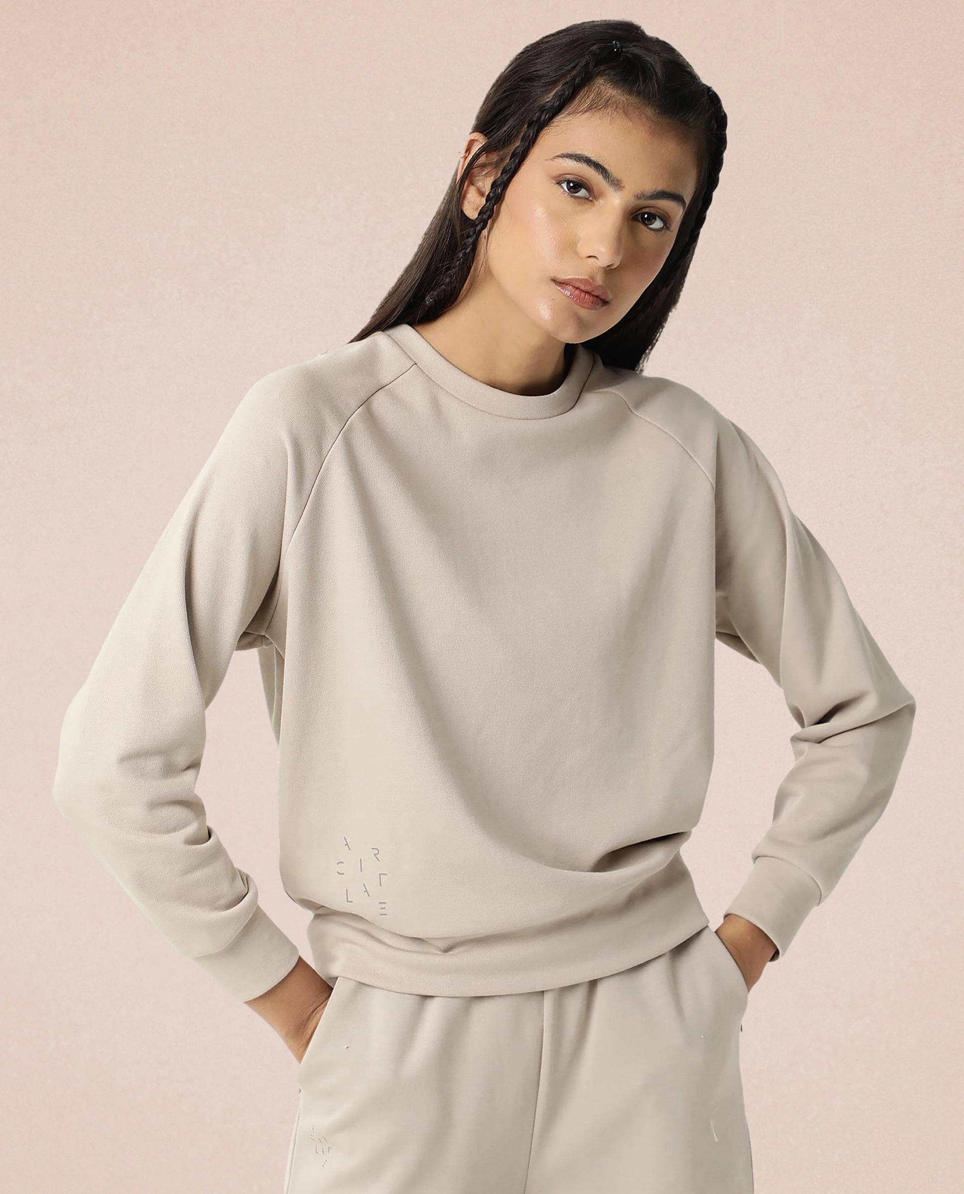 Rareism Women Cax Beige Cotton Blend Fabric Relaxed Fit Full Sleeves Solid Round Neck Sweatshirt