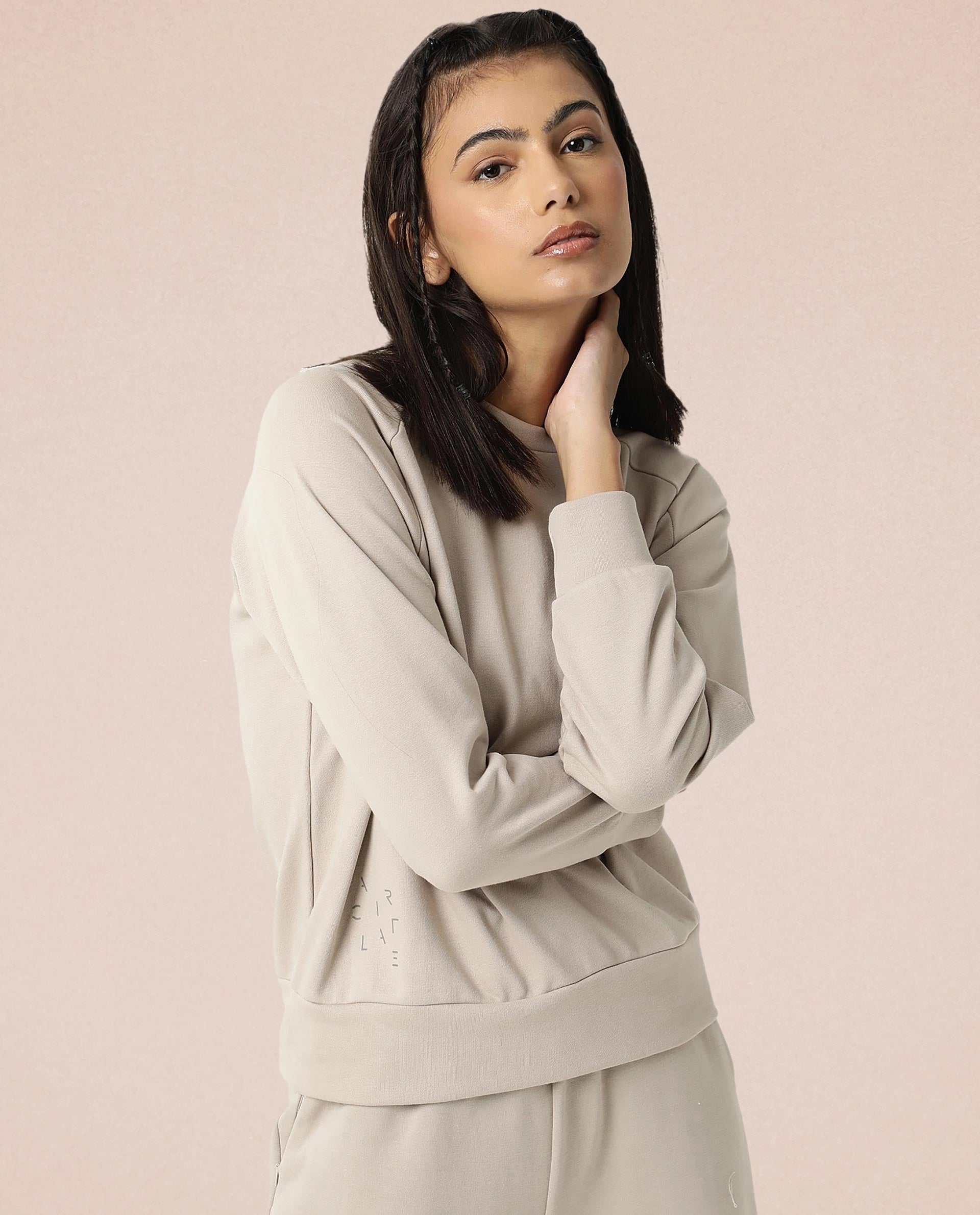 Rareism Women Cax Beige Cotton Blend Fabric Relaxed Fit Full Sleeves Solid Round Neck Sweatshirt