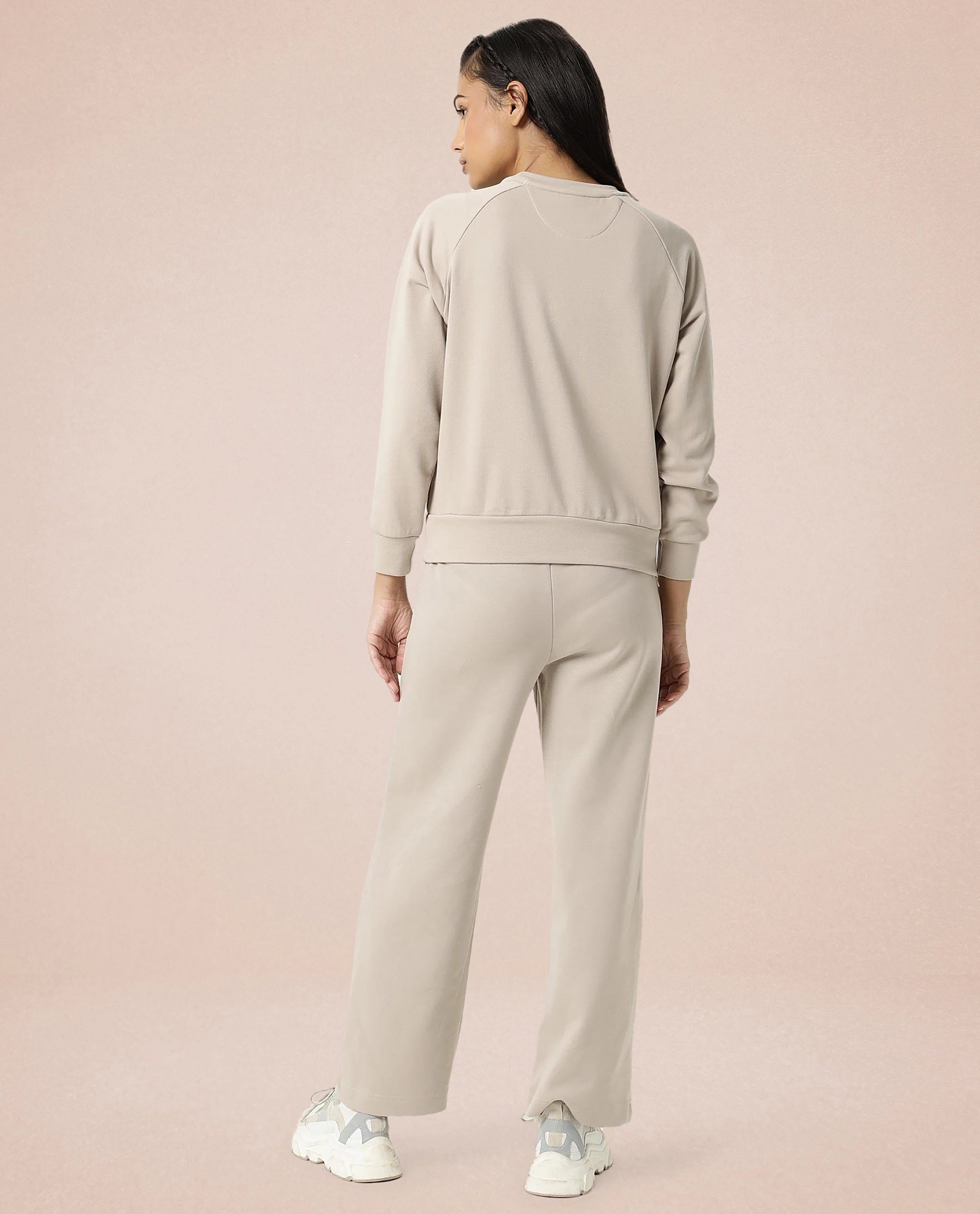 Rareism Women Cax Beige Cotton Blend Fabric Relaxed Fit Full Sleeves Solid Round Neck Sweatshirt