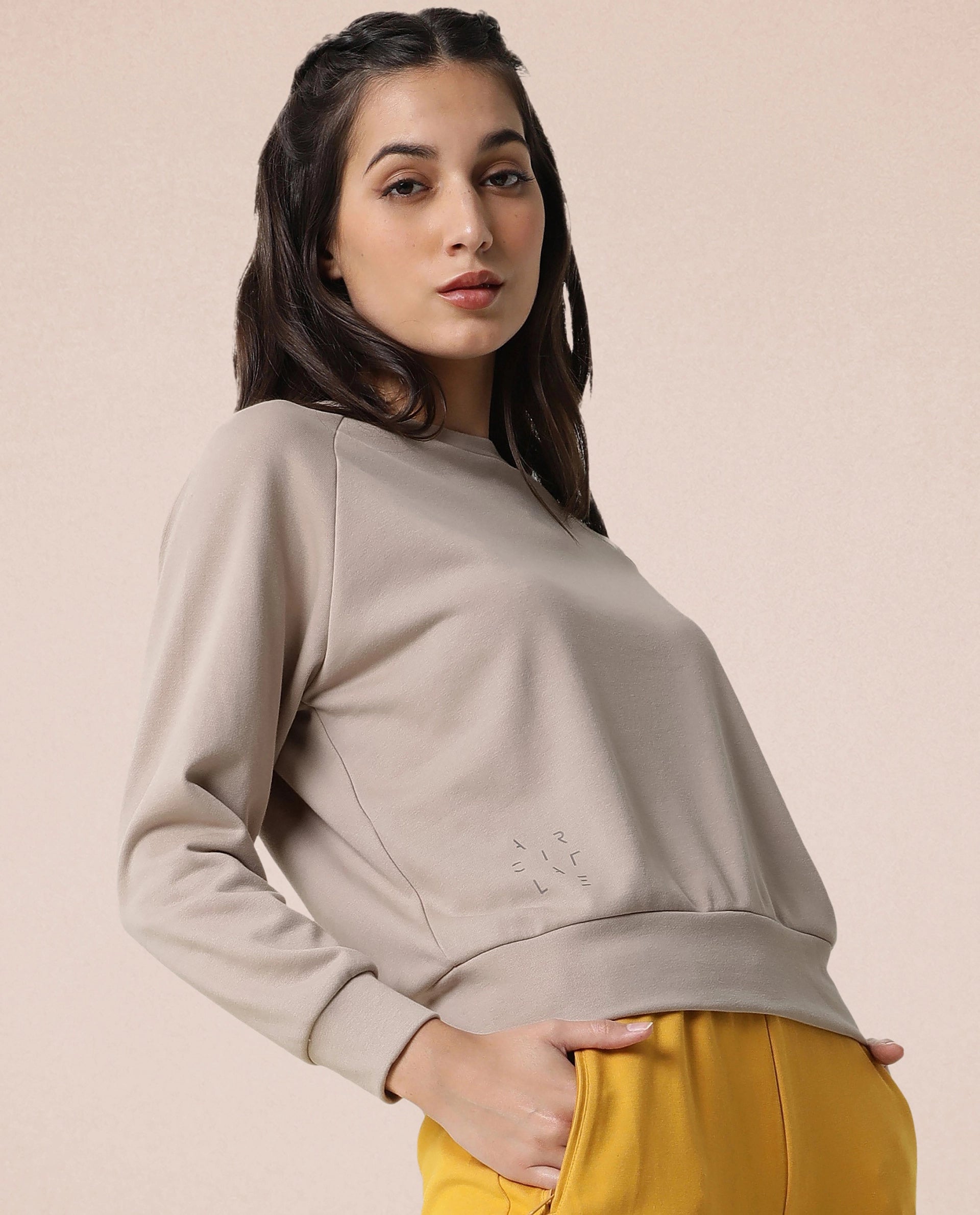 Rareism Women Cax Beige Cotton Blend Fabric Relaxed Fit Full Sleeves Solid Round Neck Sweatshirt