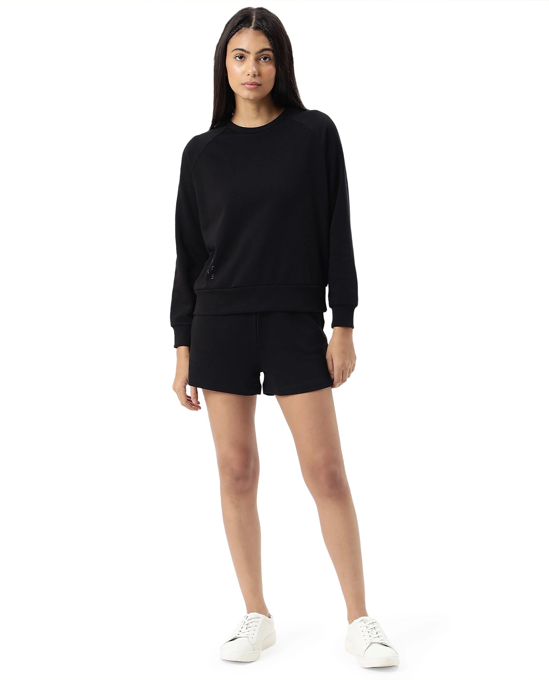 Rareism Women Cax Black Cotton Blend Fabric Relaxed Fit Full Sleeves Solid Round Neck Sweatshirt