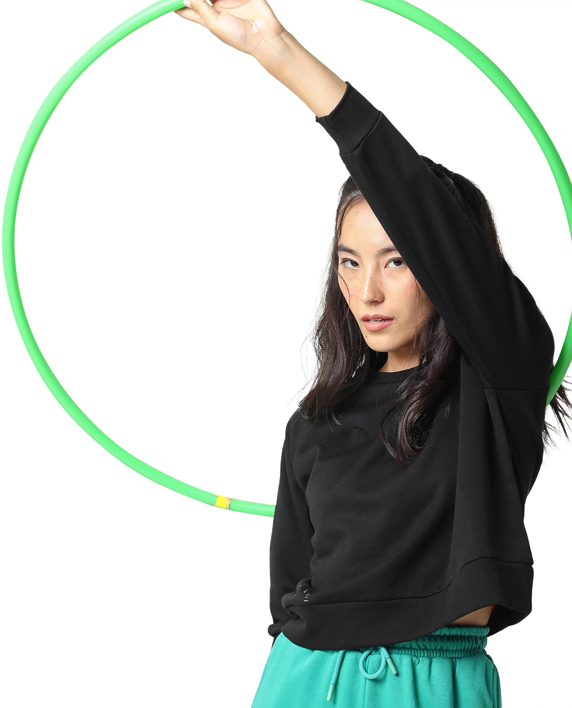 Rareism Women Cax Black Cotton Blend Fabric Relaxed Fit Full Sleeves Solid Round Neck Sweatshirt