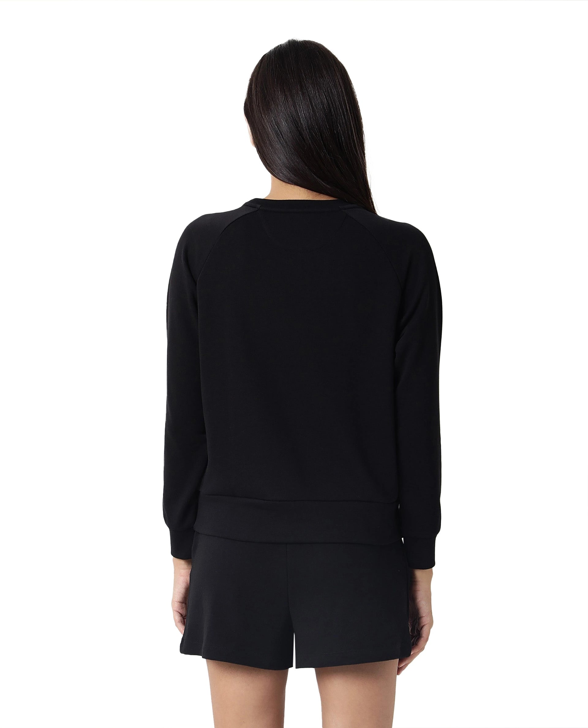 Rareism Women Cax Black Cotton Blend Fabric Relaxed Fit Full Sleeves Solid Round Neck Sweatshirt