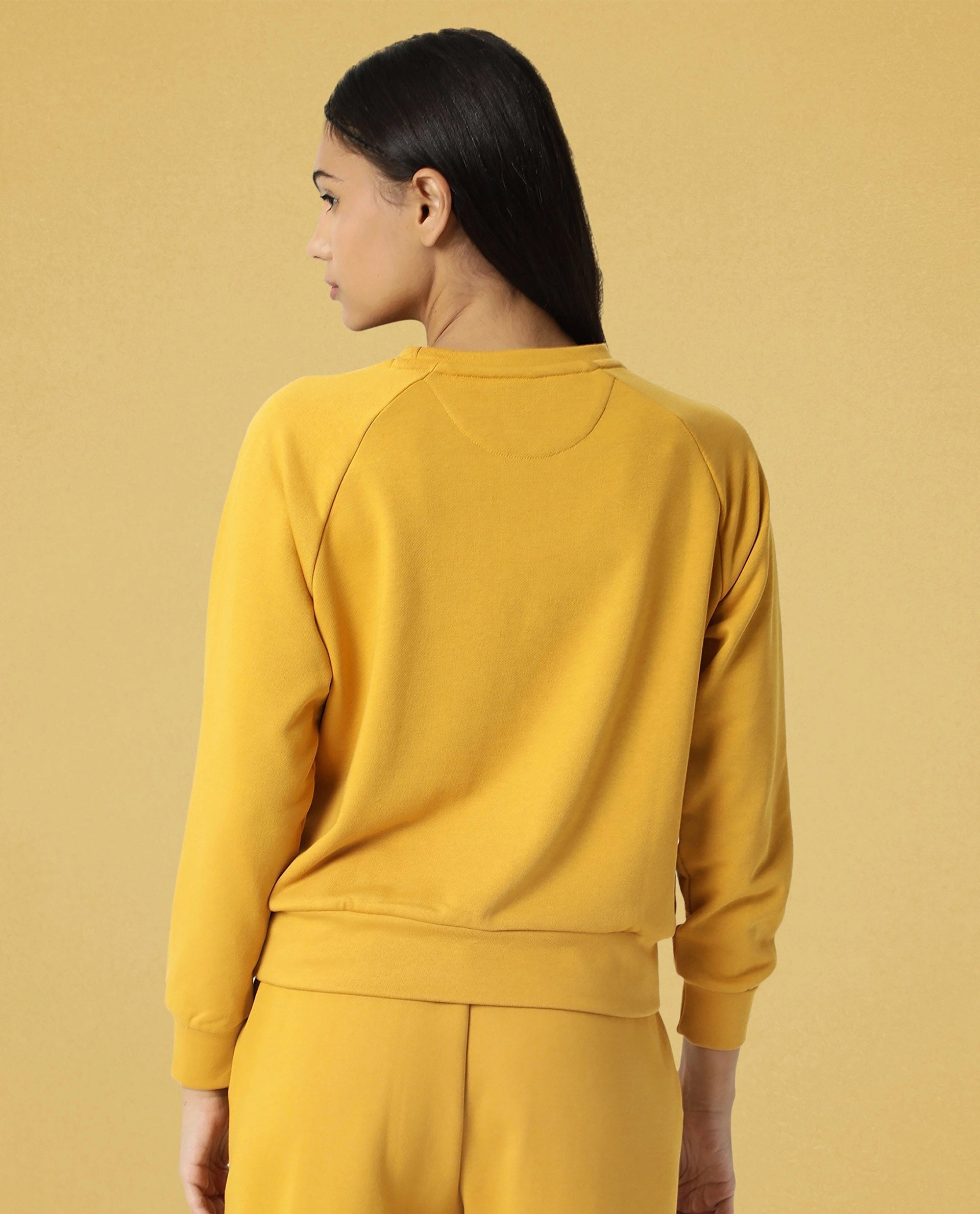Rareism Women Cax Mustard Cotton Blend Fabric Relaxed Fit Full Sleeves Solid Round Neck Sweatshirt