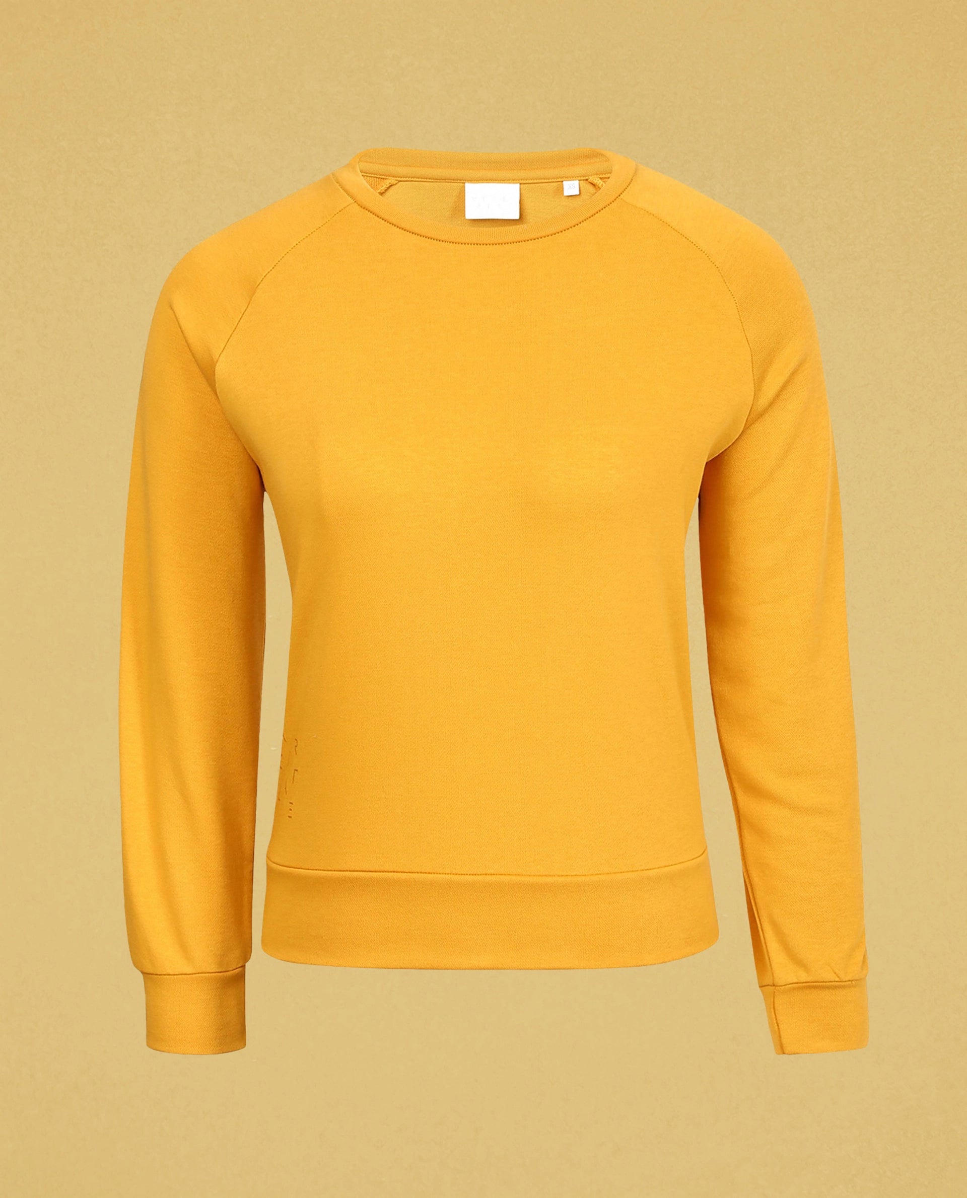 Rareism Women Cax Mustard Cotton Blend Fabric Relaxed Fit Full Sleeves Solid Round Neck Sweatshirt