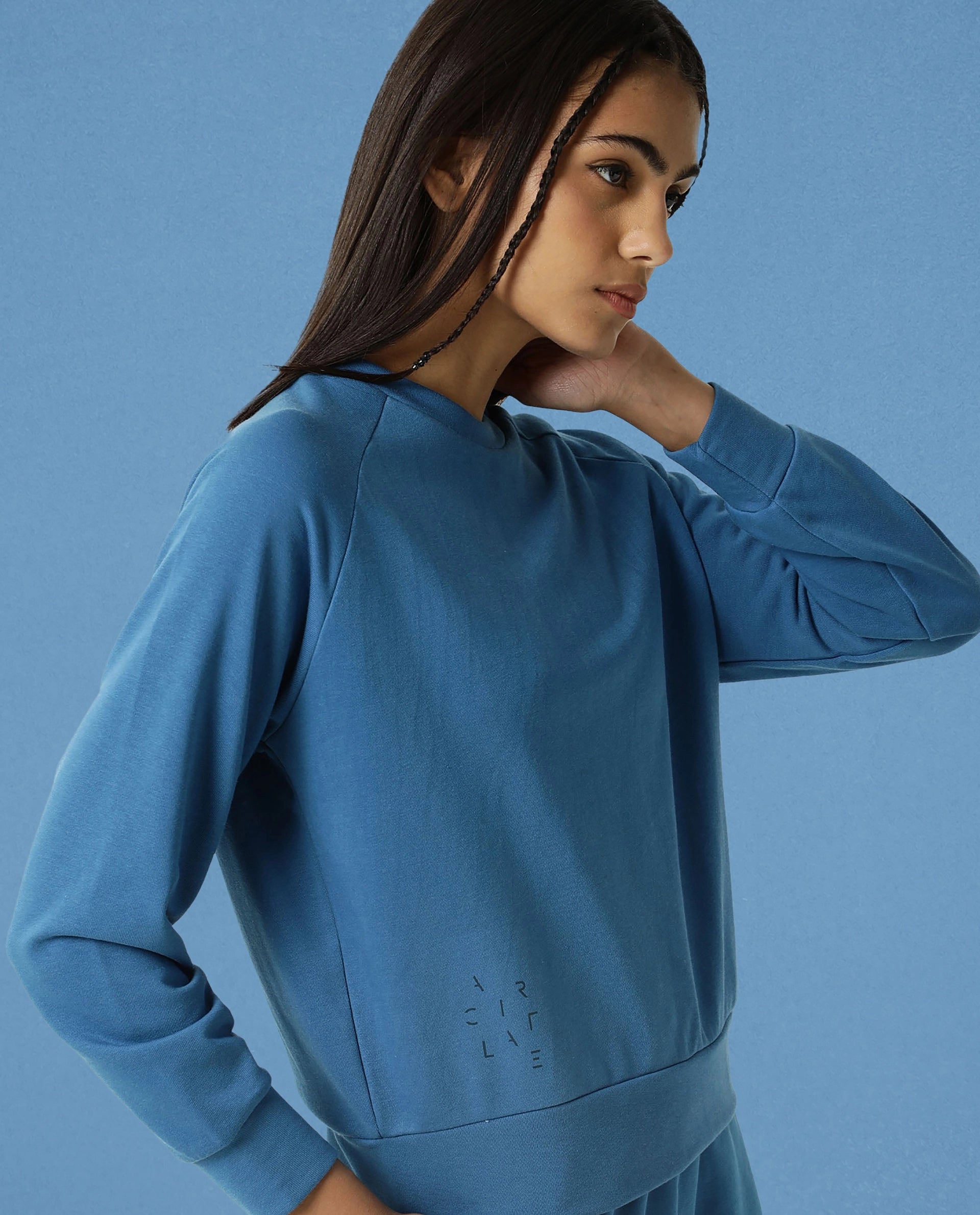 Rareism Women Cax Petrol Cotton Blend Fabric Relaxed Fit Full Sleeves Solid Round Neck Sweatshirt