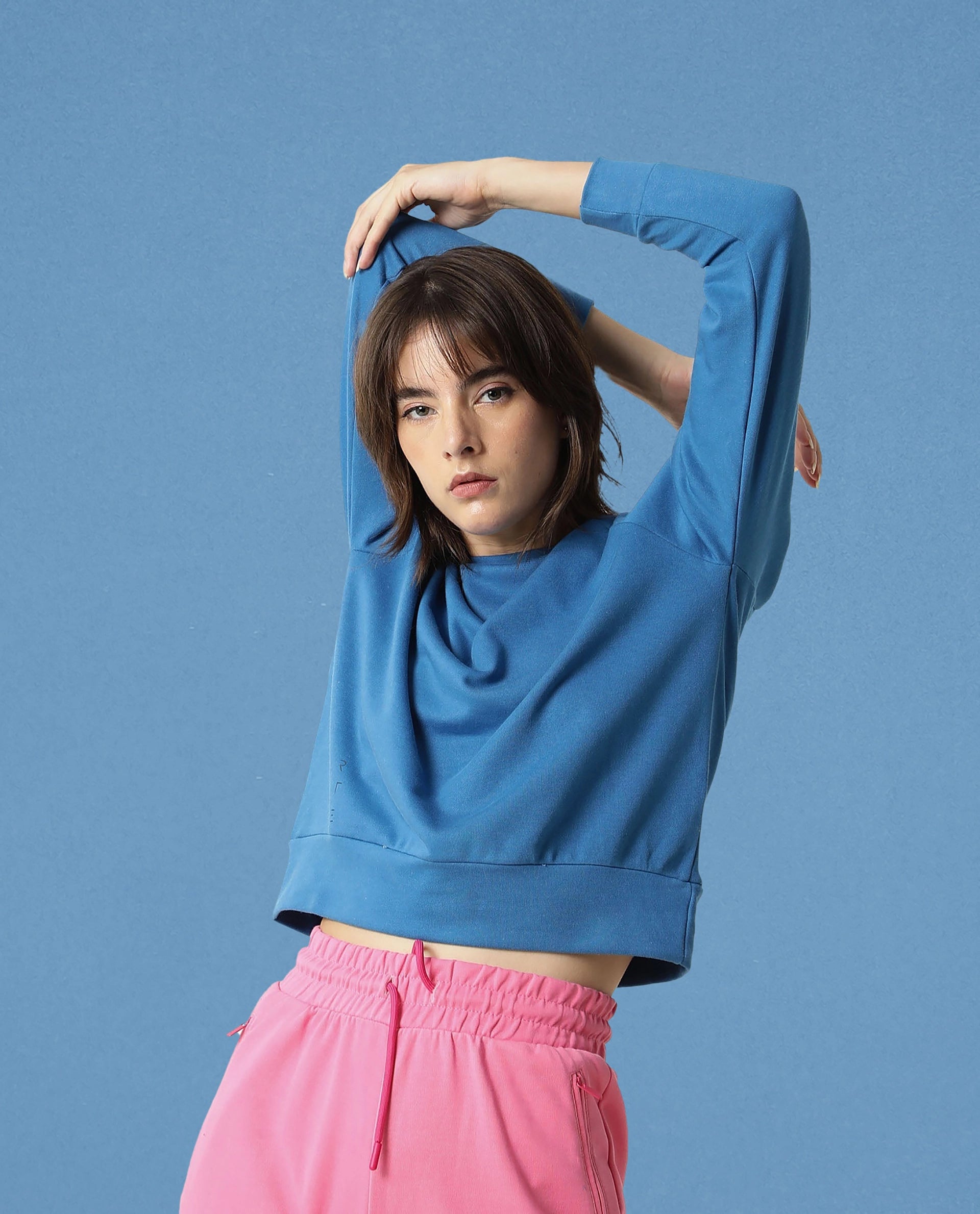 Rareism Women Cax Petrol Cotton Blend Fabric Relaxed Fit Full Sleeves Solid Round Neck Sweatshirt