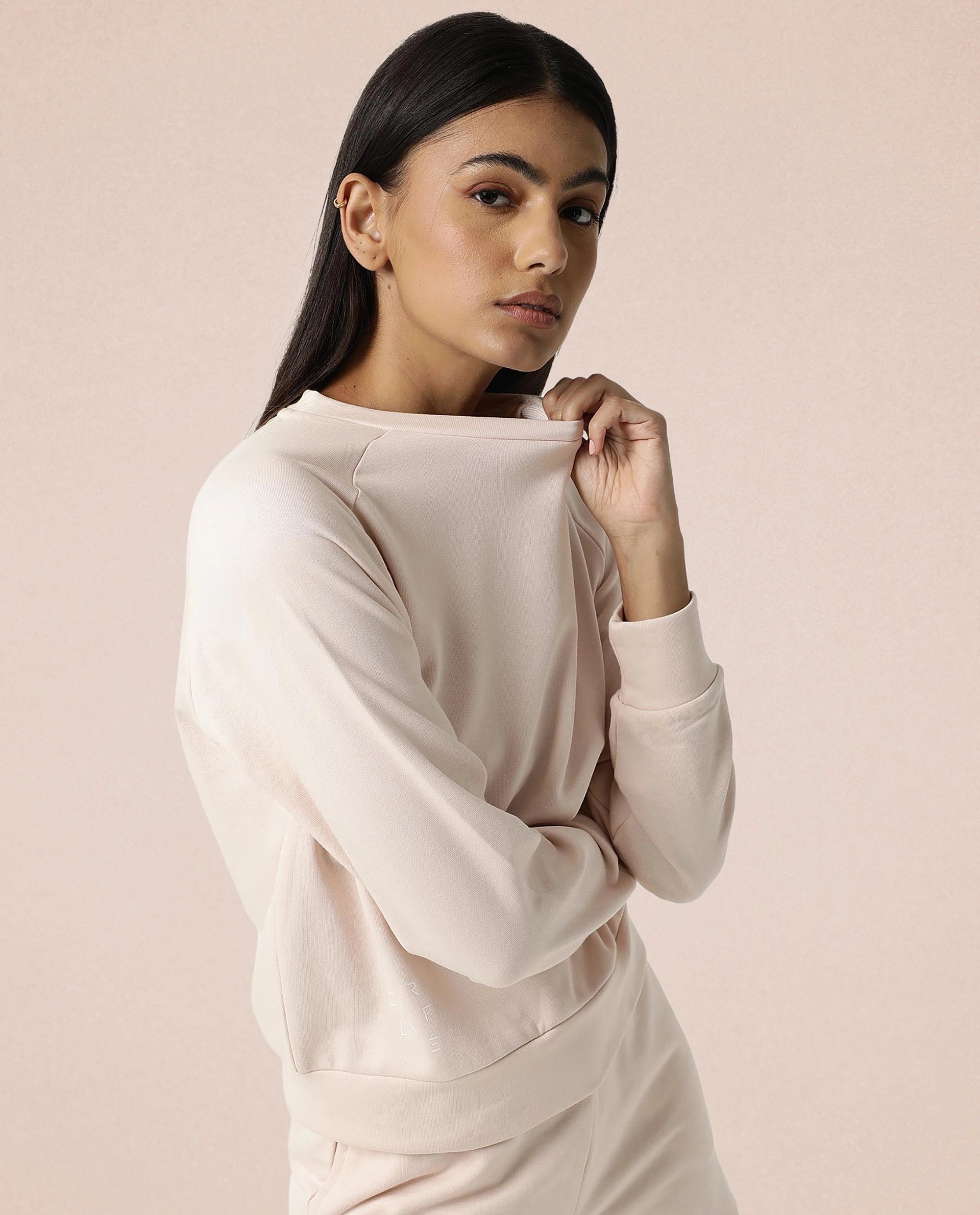 Rareism Women Cax Pink Cotton Blend Fabric Relaxed Fit Full Sleeves Solid Round Neck Sweatshirt