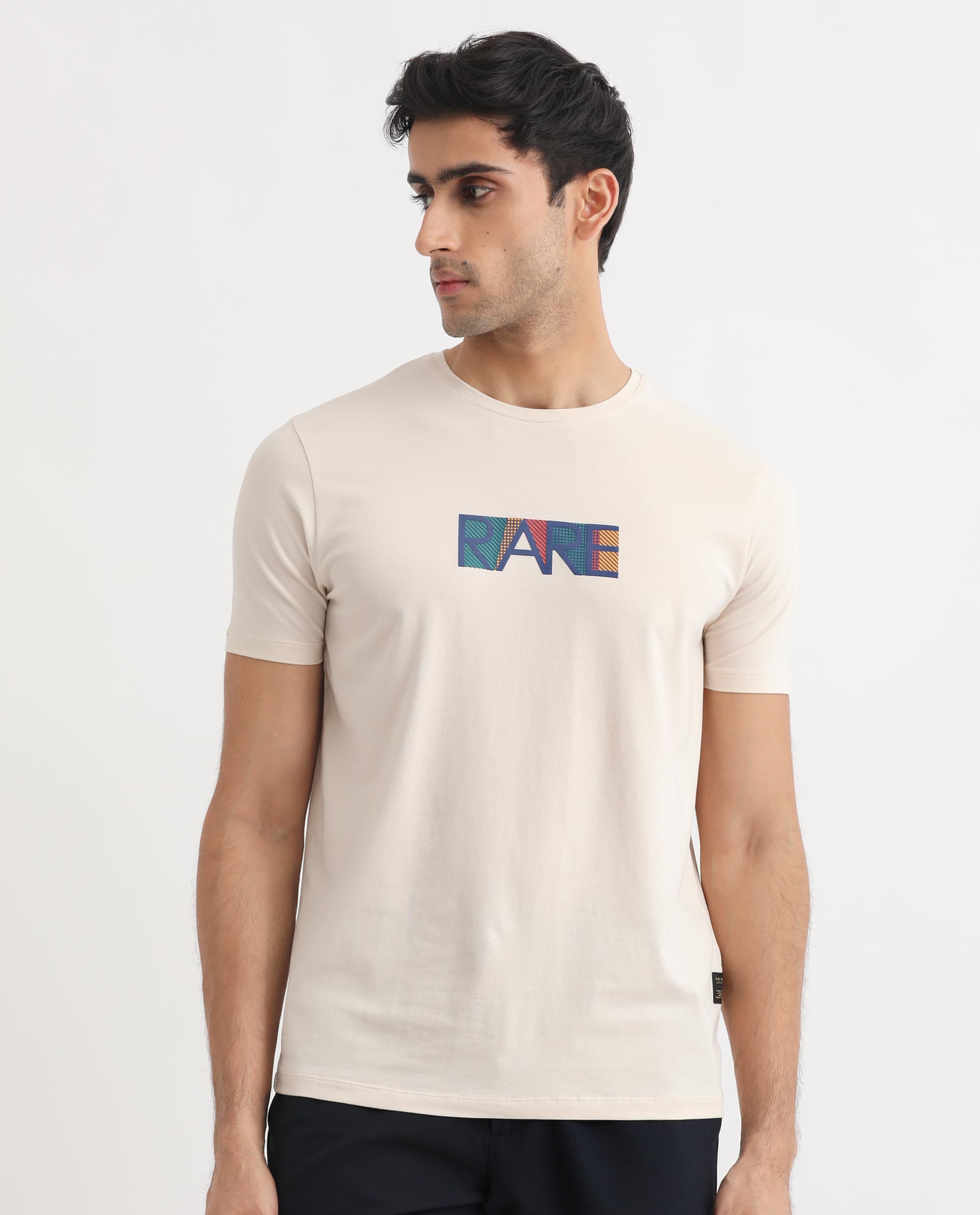 Rare Rabbit Men's Caxton Off-White Half Sleeves Regular Fit Graphic Branding Print T-Shirt