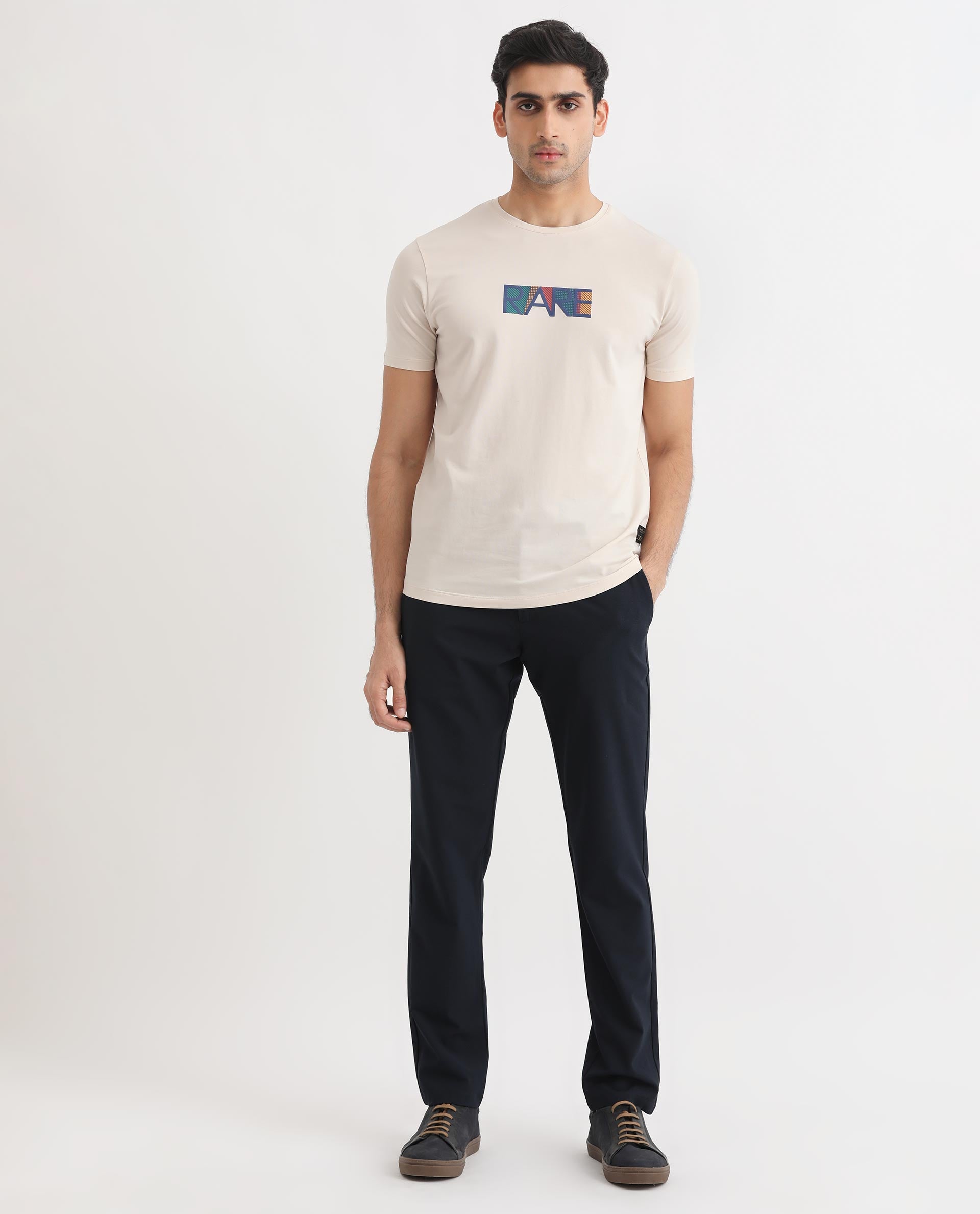 Rare Rabbit Men's Caxton Off-White Half Sleeves Regular Fit Graphic Branding Print T-Shirt