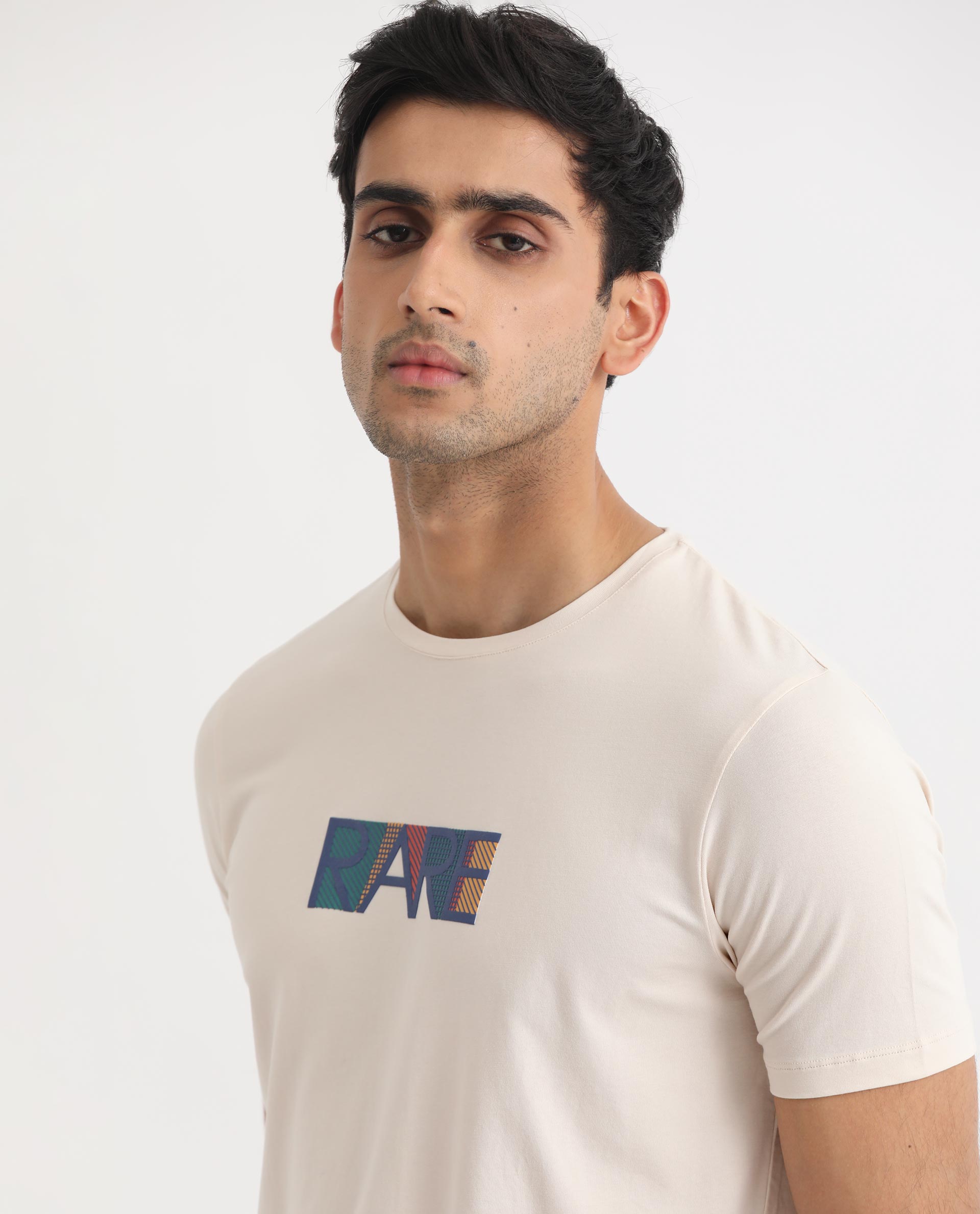 Rare Rabbit Men's Caxton Off-White Half Sleeves Regular Fit Graphic Branding Print T-Shirt