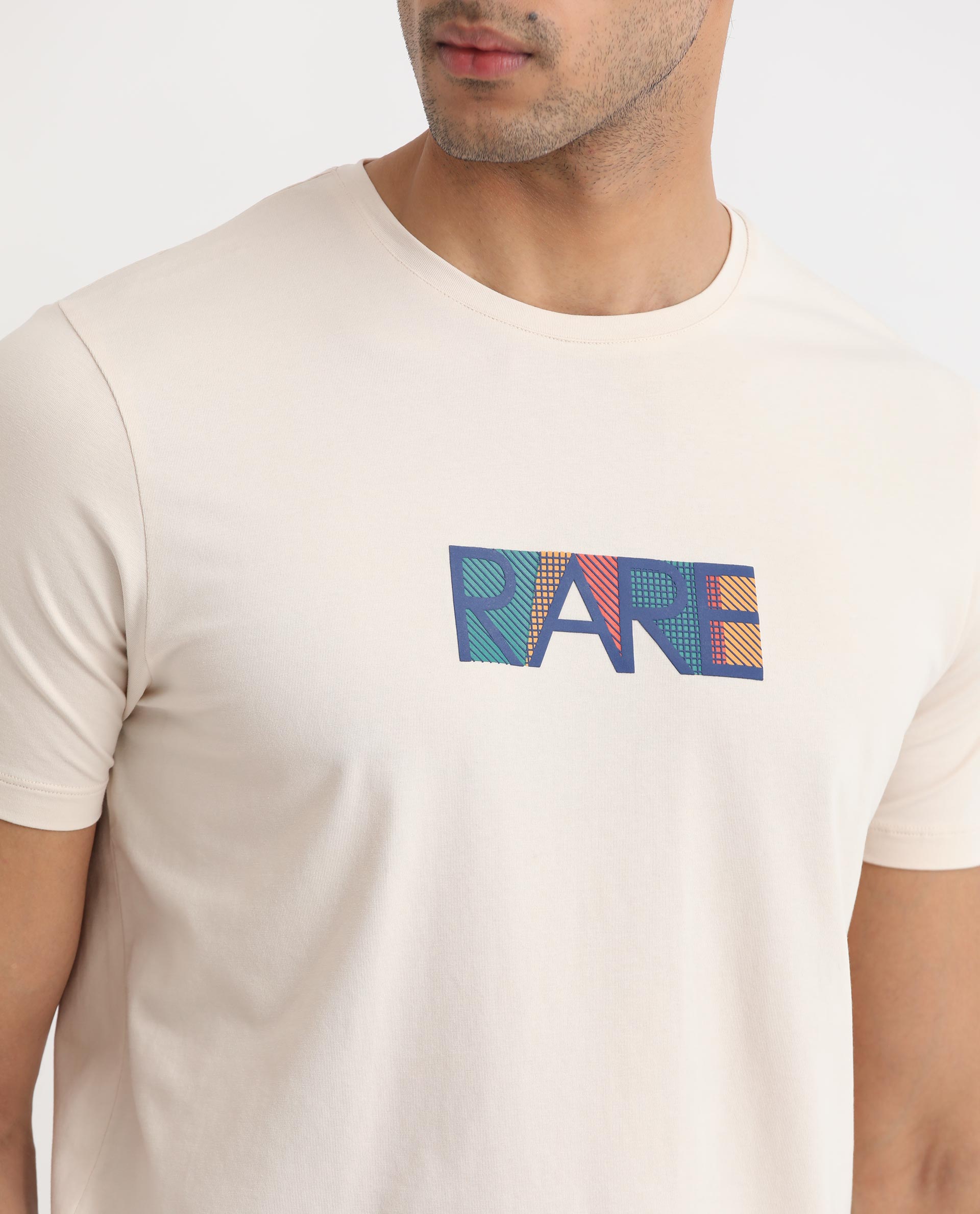 Rare Rabbit Men's Caxton Off-White Half Sleeves Regular Fit Graphic Branding Print T-Shirt