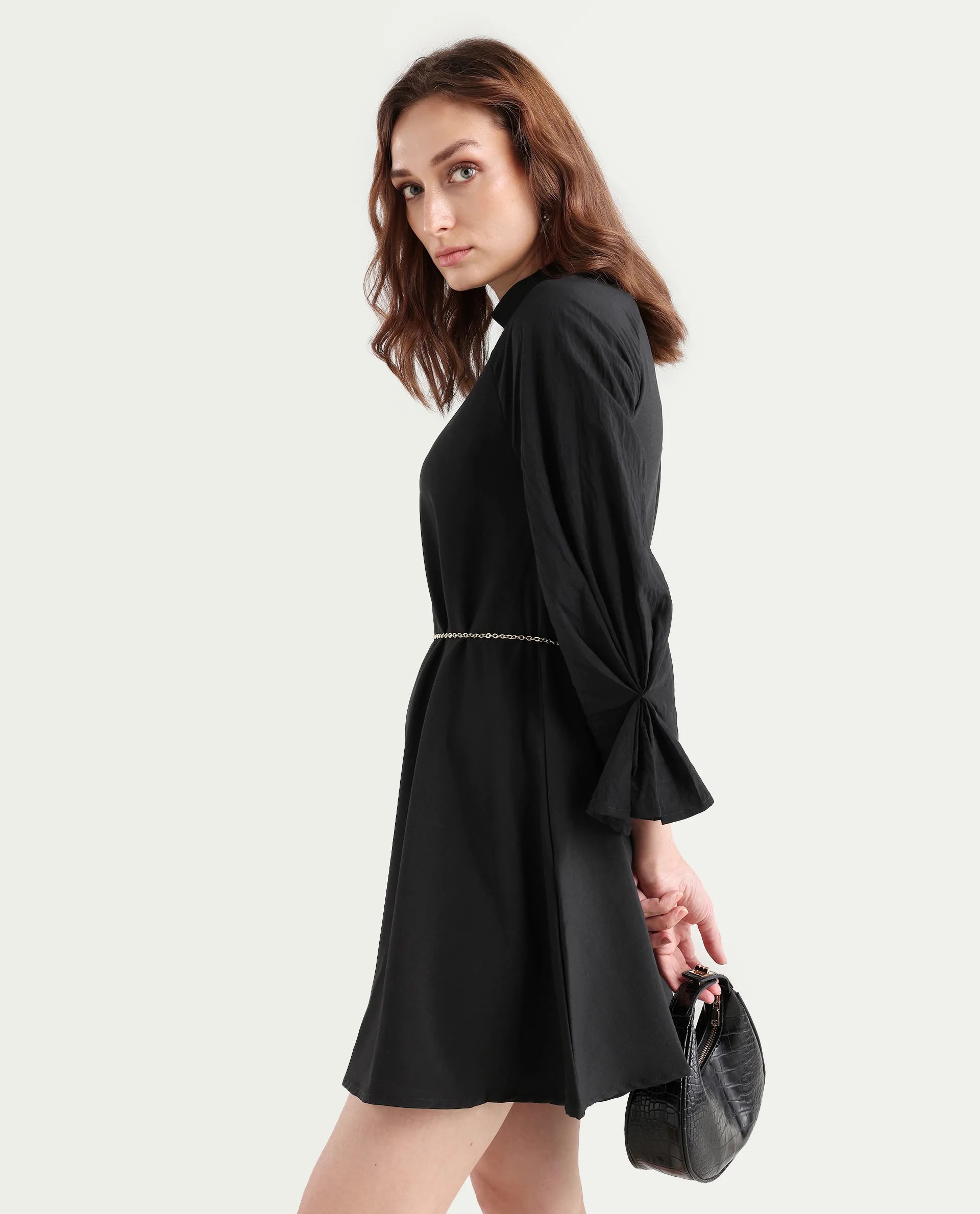 Rareism Women's Cayman Black Cotton Blend High Neck Plain Fashion Sleeve Midi Straight Fit Dress