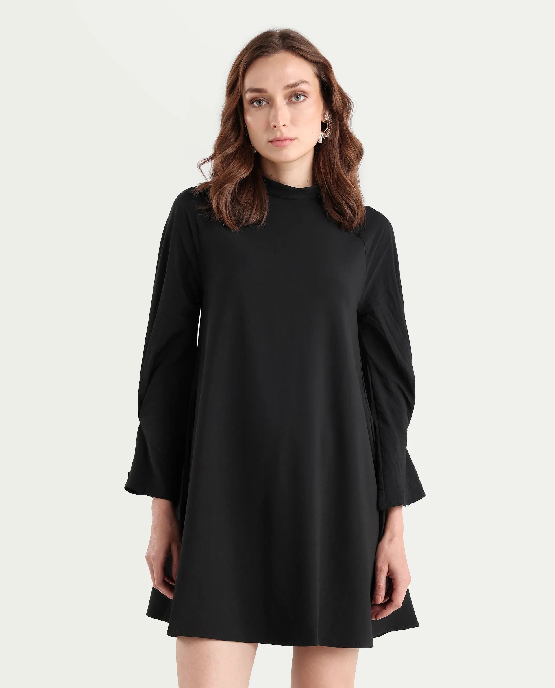 Rareism Women's Cayman Black Cotton Blend High Neck Plain Fashion Sleeve Midi Straight Fit Dress
