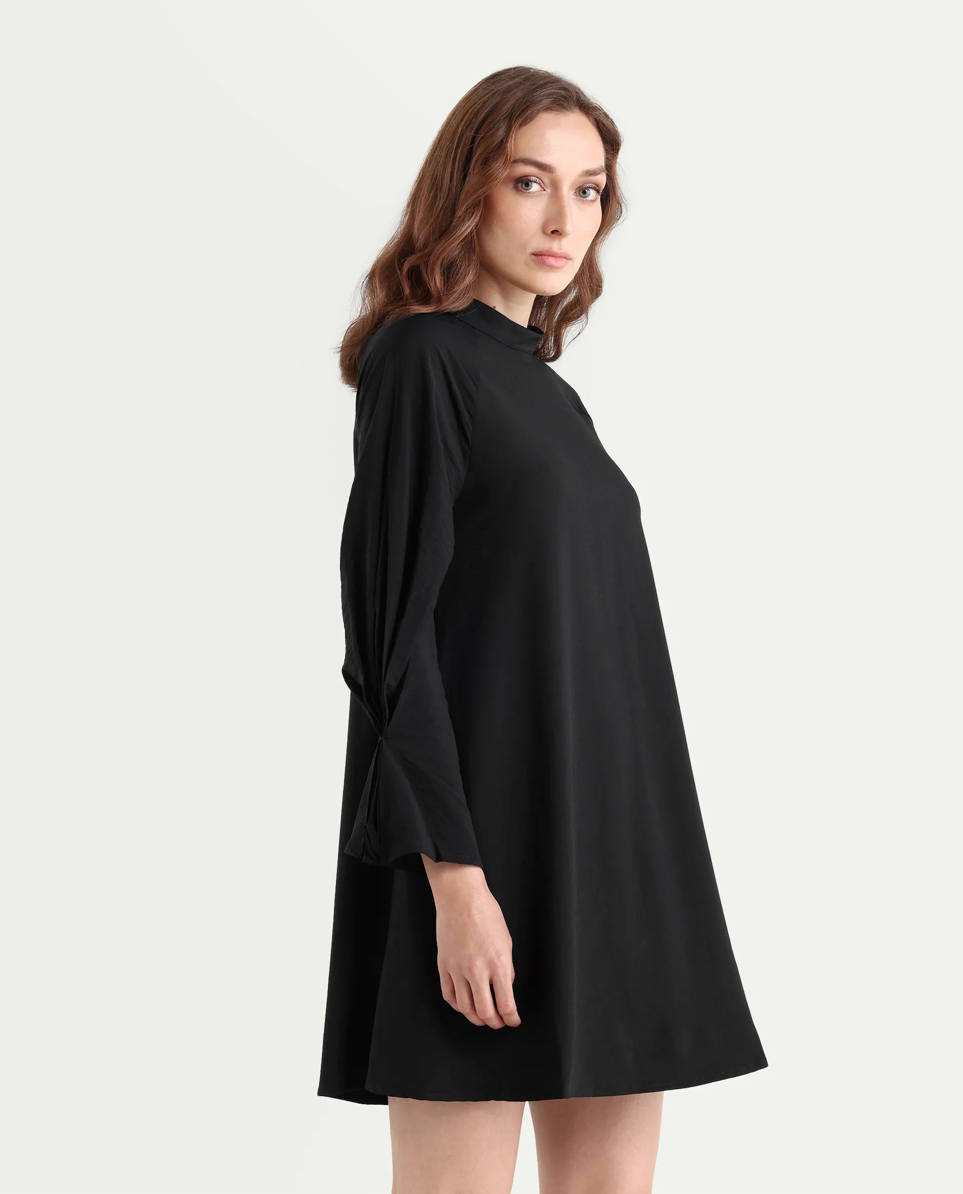 Rareism Women's Cayman Black Cotton Blend High Neck Plain Fashion Sleeve Midi Straight Fit Dress
