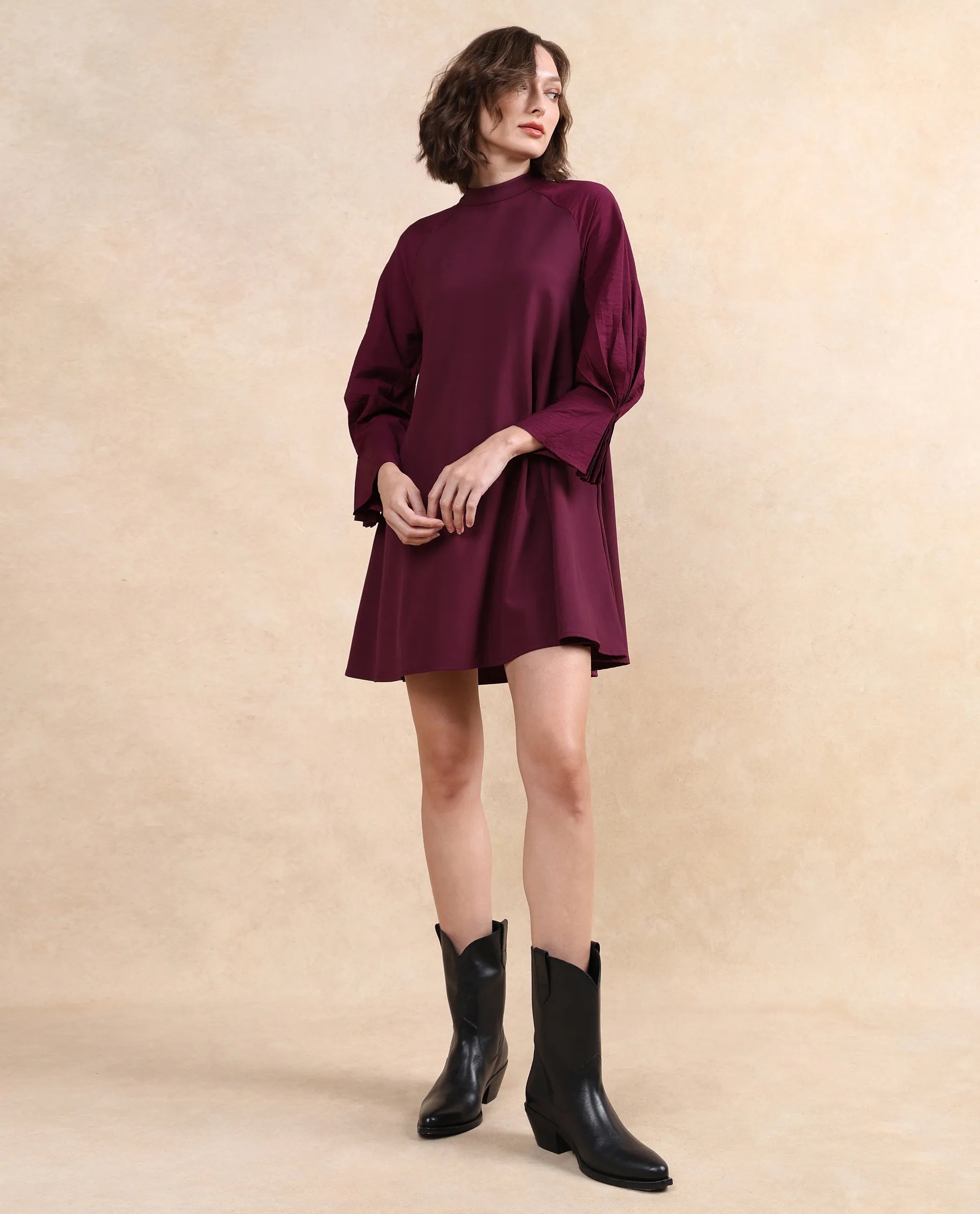 Rareism Women Cayman Maroon Polyester Fabric Fashion Sleeve High Neck Zipper Closure Straight Fit Midi Plain Dress