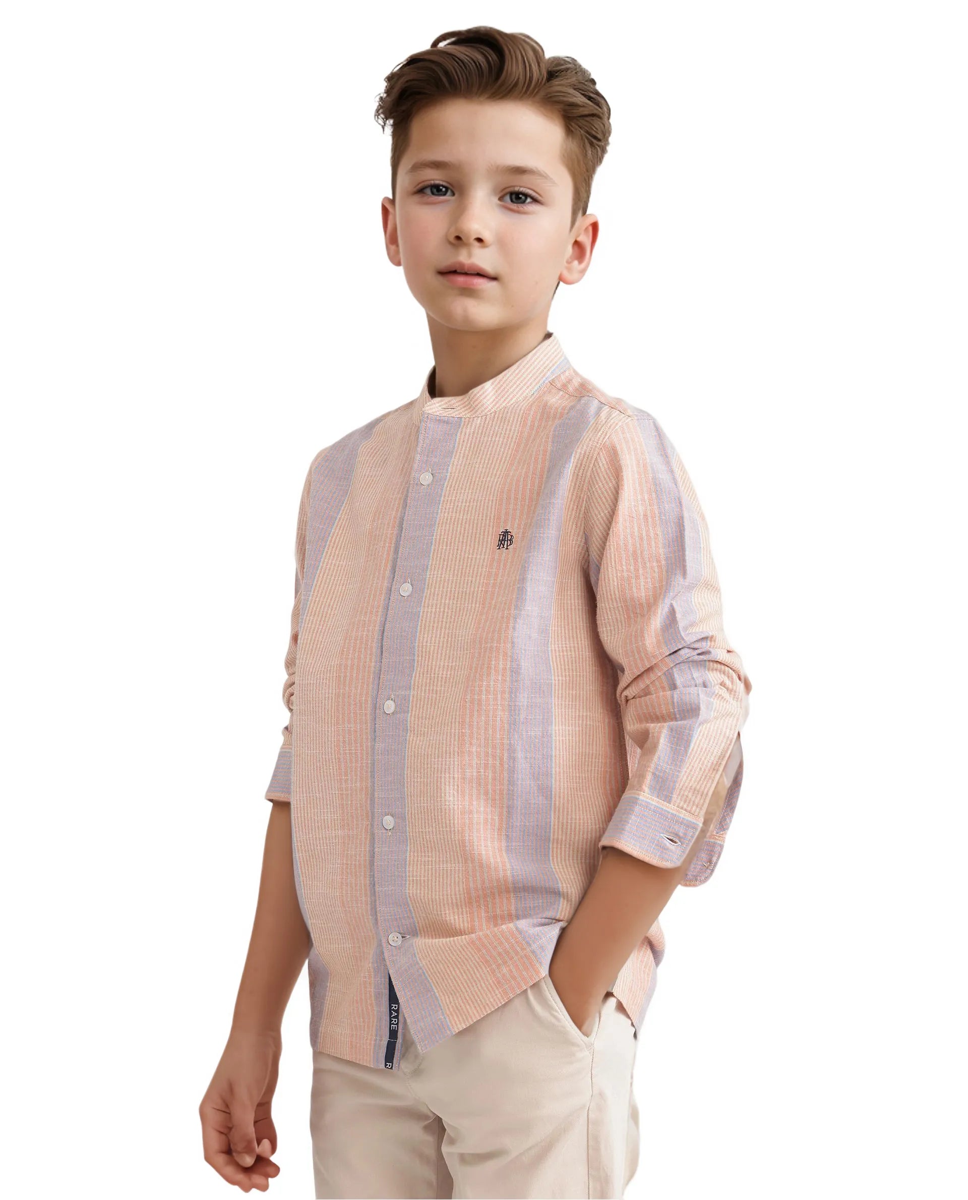 Rare Ones Kids Cazac Light Orange Cotton Full Sleeve Mandarin Collar Striped Shirt