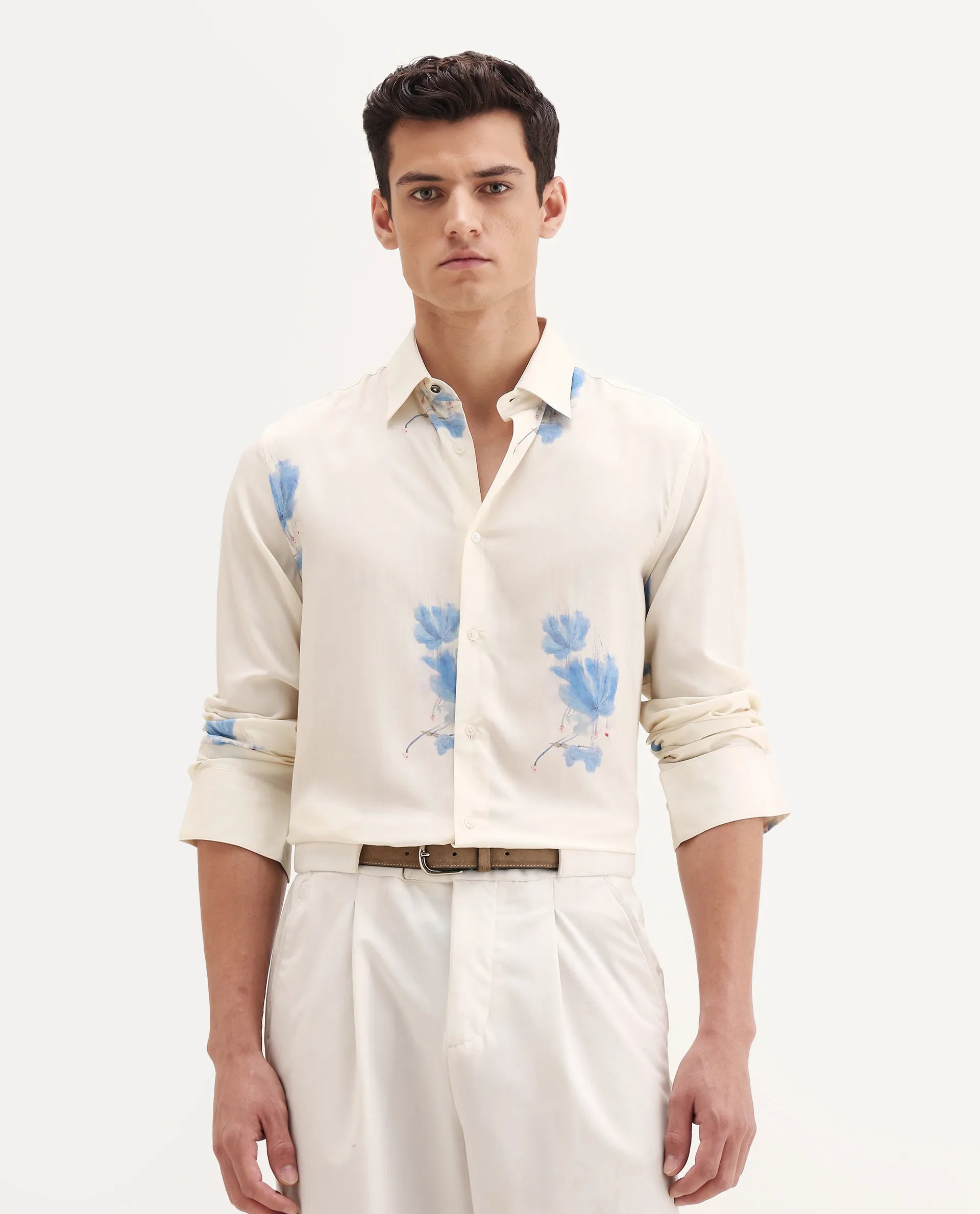 Rare Rabbit Men's Cazar-25 Off White Viscose Blend Fabric Spread Collar Regular Fit Floral Print Shirt
