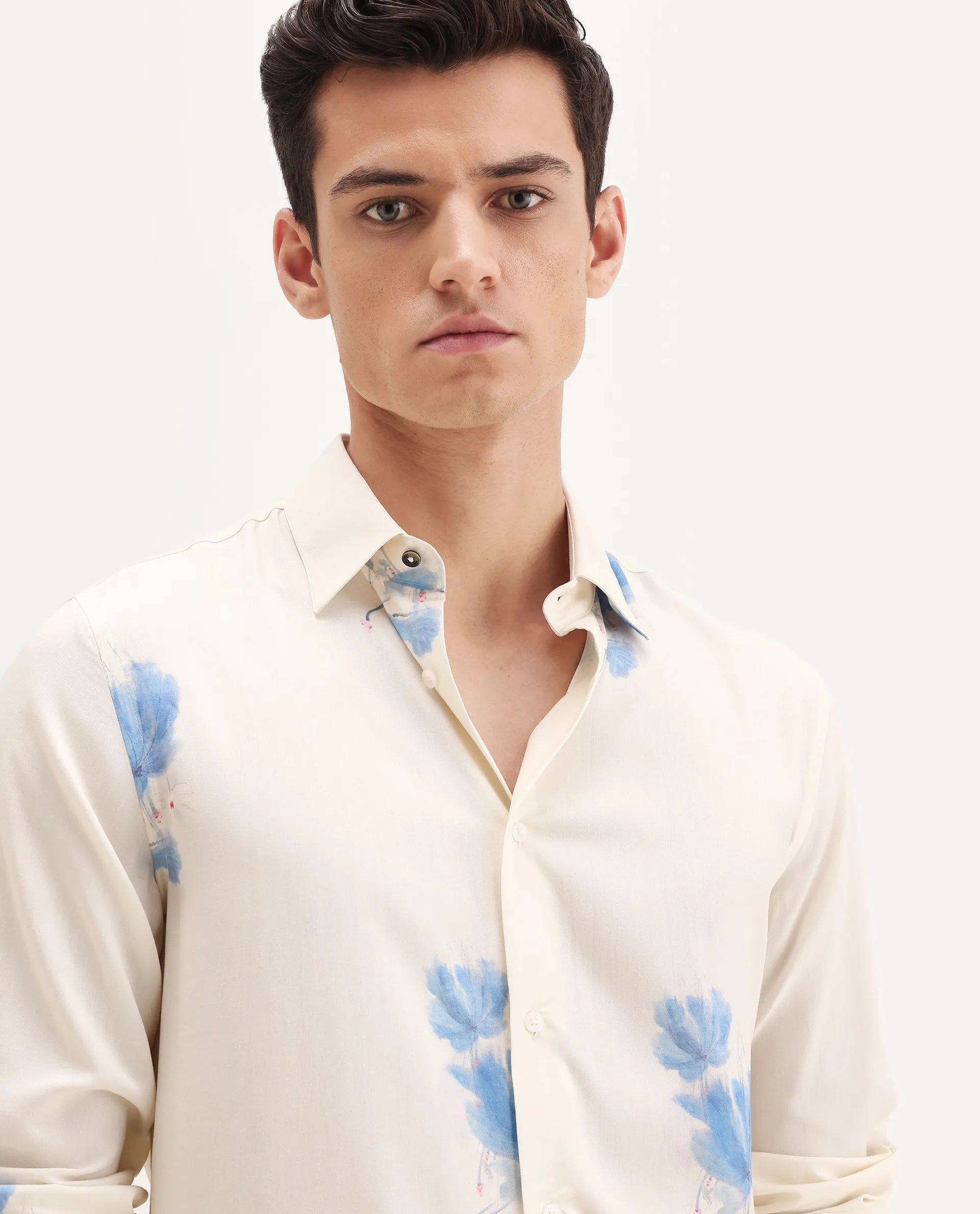 Rare Rabbit Men's Cazar-25 Off White Viscose Blend Fabric Spread Collar Regular Fit Floral Print Shirt