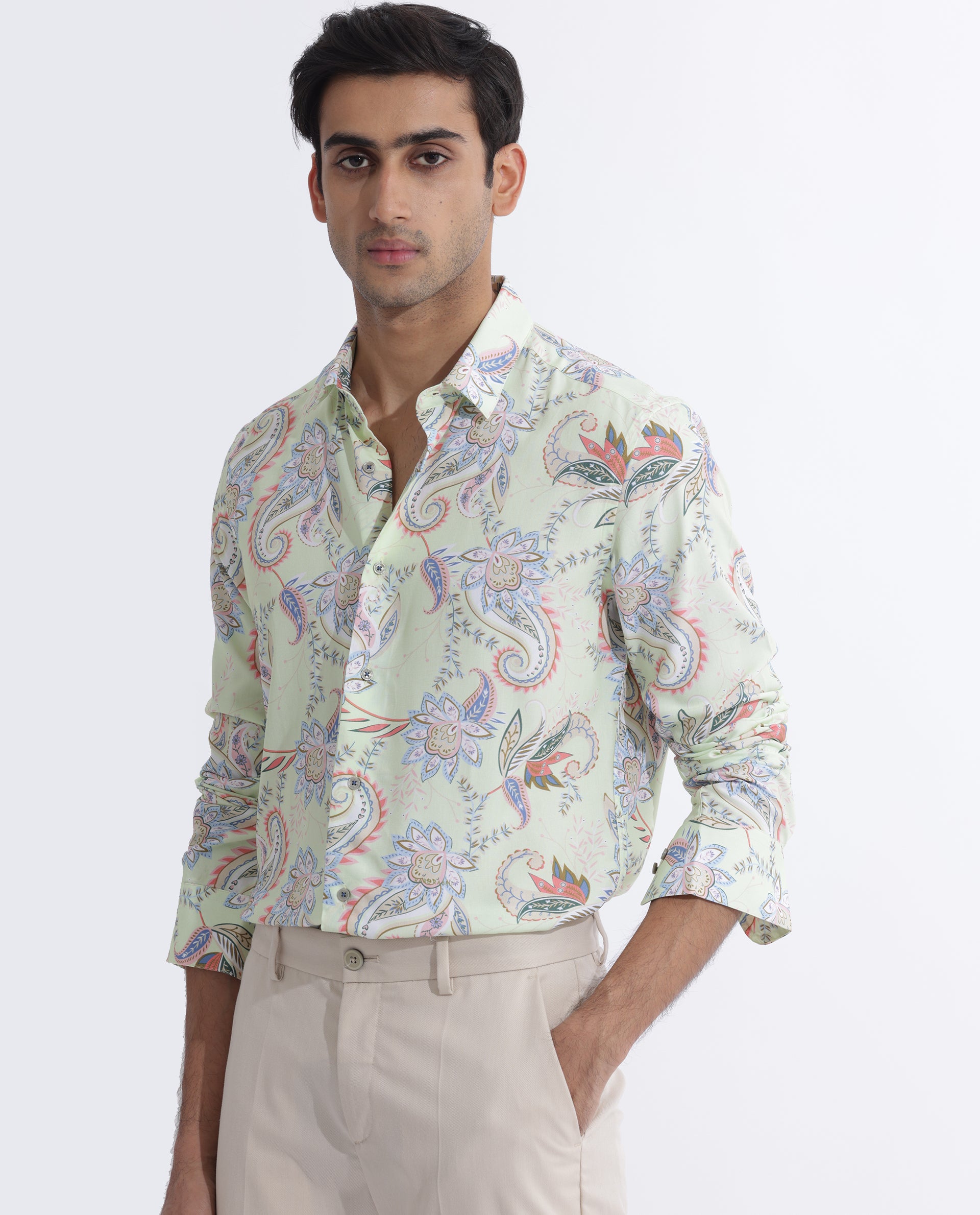 Rare Rabbit Men's Cecilia Green Rayon Linen Fabric Full Sleeves Paisley Print Shirt