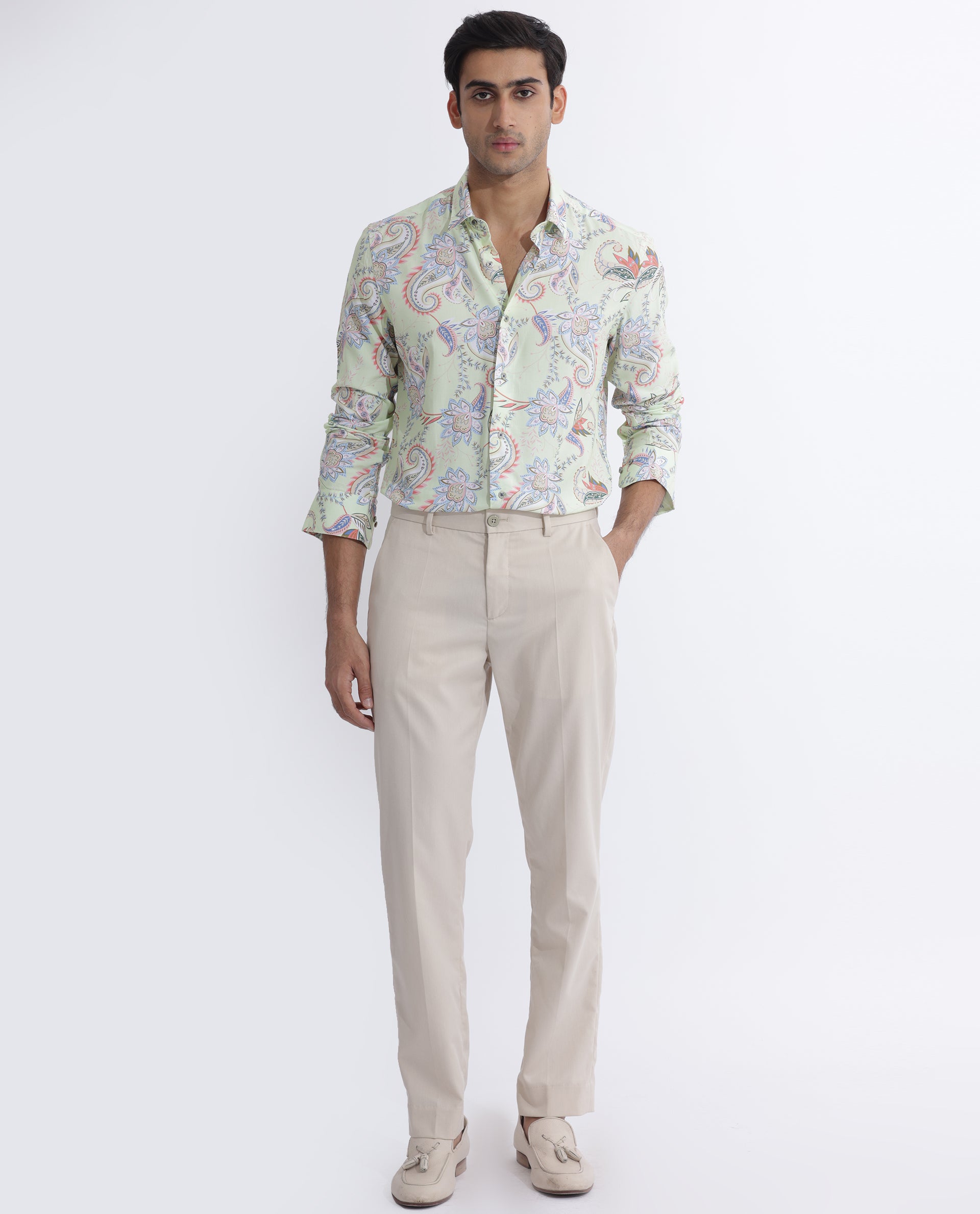 Rare Rabbit Men's Cecilia Green Rayon Linen Fabric Full Sleeves Paisley Print Shirt