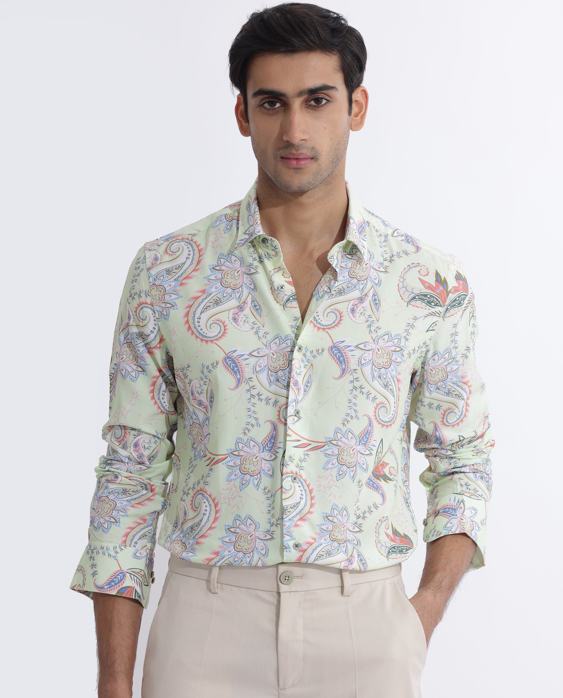 Rare Rabbit Men's Cecilia Green Rayon Linen Fabric Full Sleeves Paisley Print Shirt